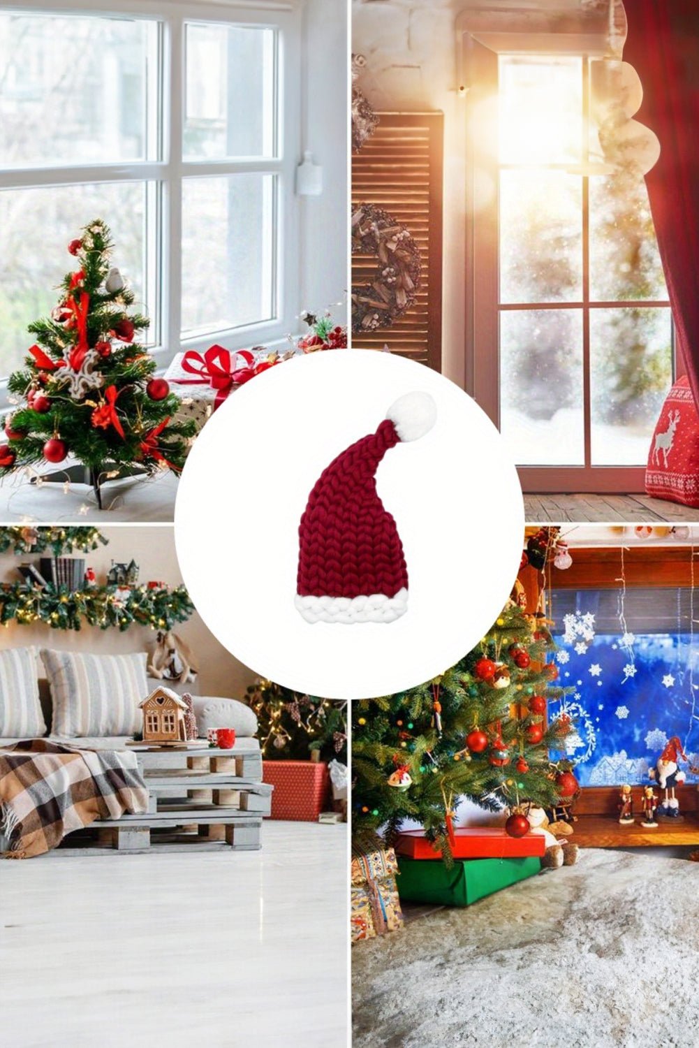Dearlove Red Dahlia Color Block Pom Pom Decor Chunky Knitted Christmas Hat - Crowned Energy CO.