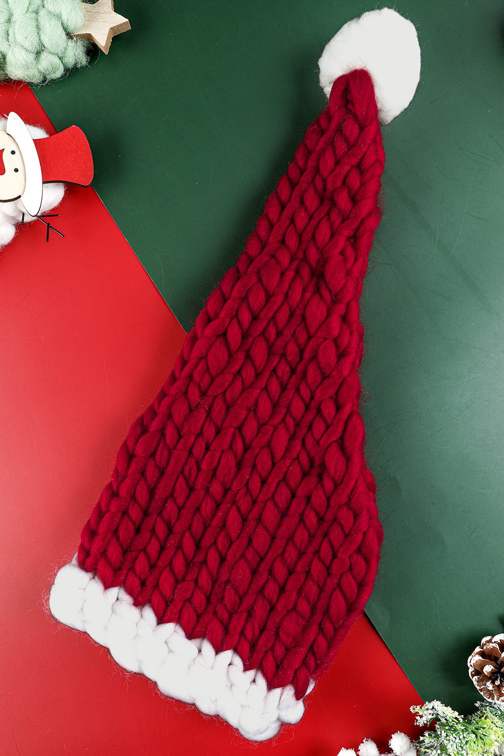 Dearlove Red Dahlia Color Block Pom Pom Decor Chunky Knitted Christmas Hat - Crowned Energy CO.