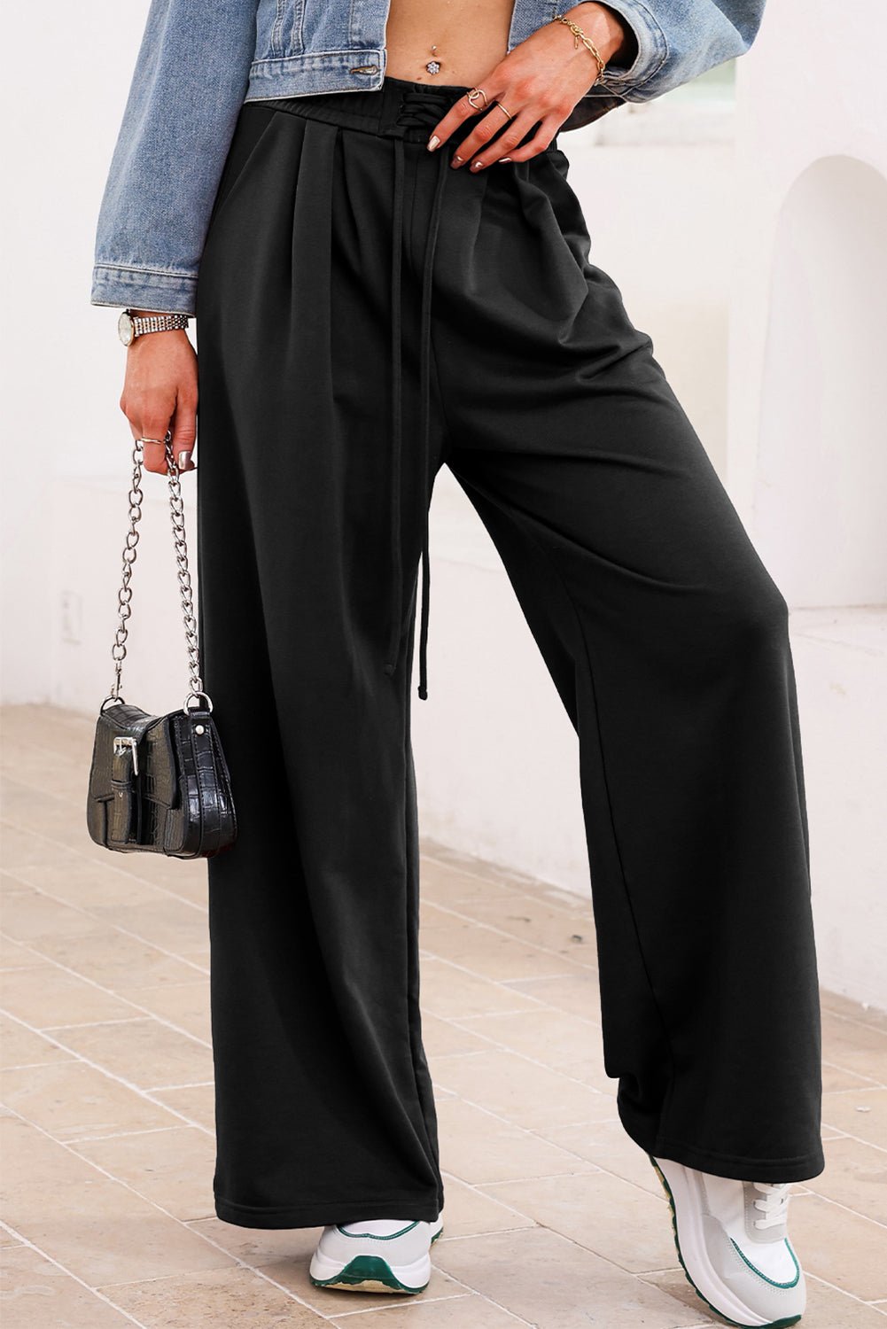 Dearlovers Black Tied Elastic High Waist Pleated Detail Solid Sweatpants - Crowned Energy CO.