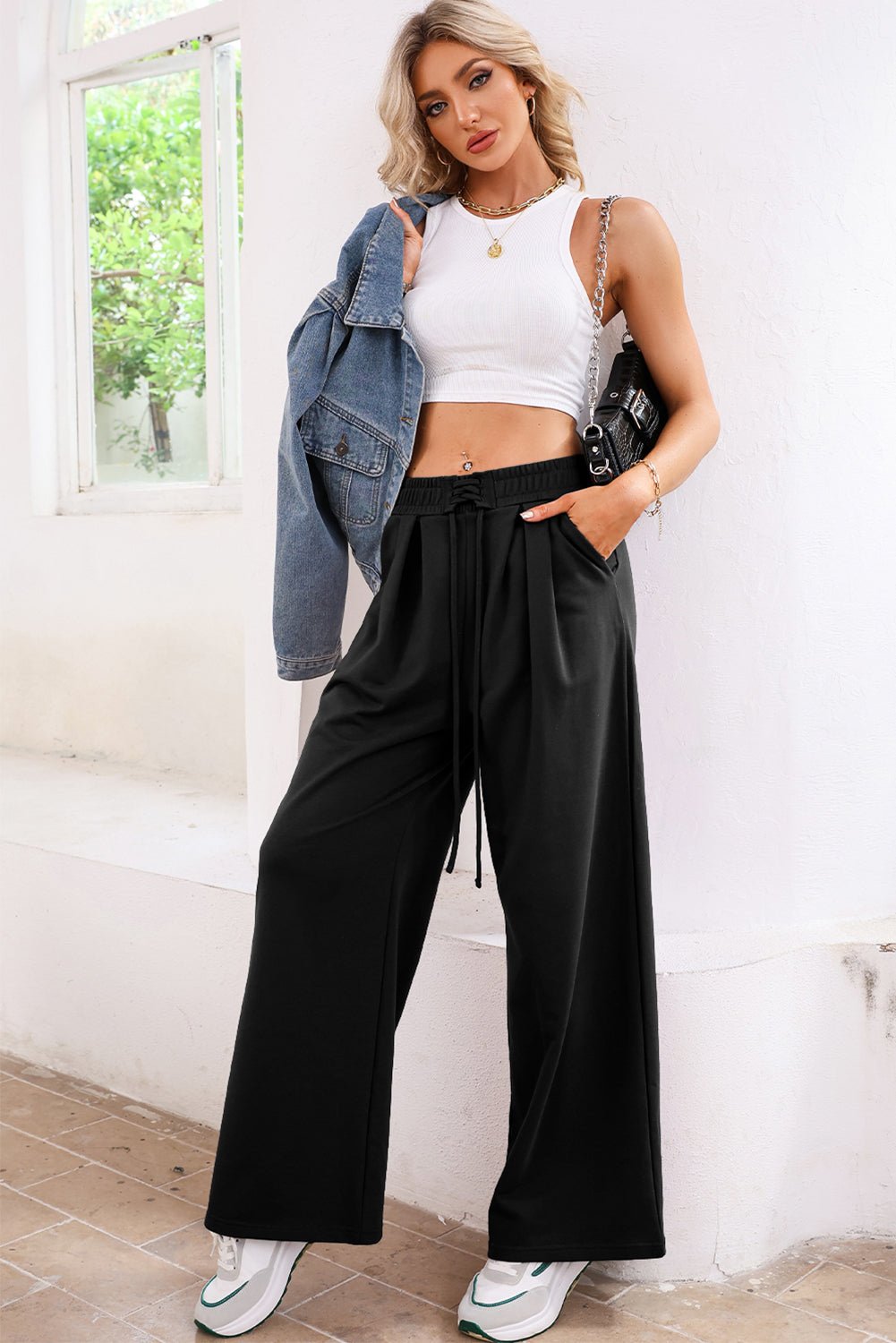 Dearlovers Black Tied Elastic High Waist Pleated Detail Solid Sweatpants - Crowned Energy CO.