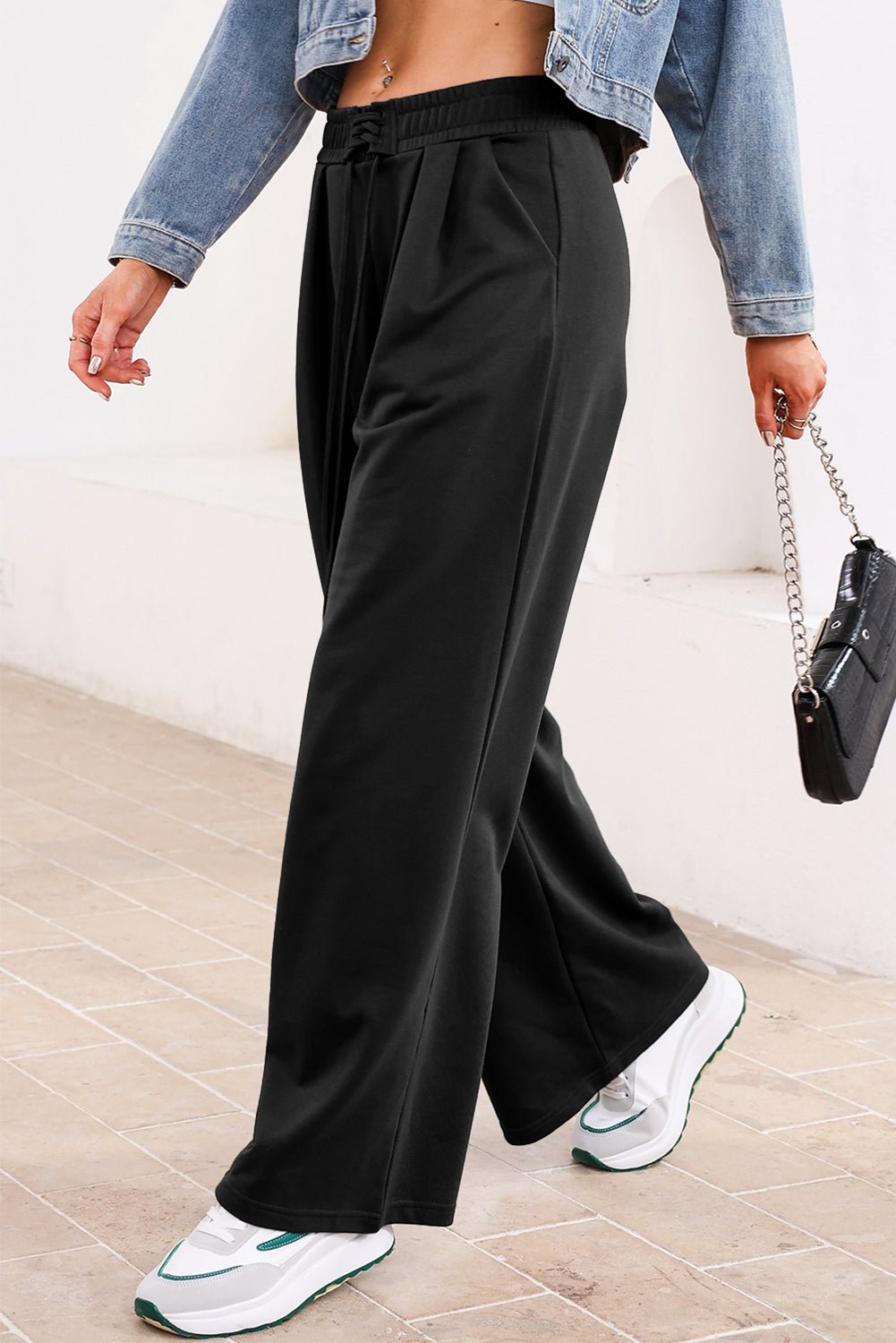 Dearlovers Black Tied Elastic High Waist Pleated Detail Solid Sweatpants - Crowned Energy CO.