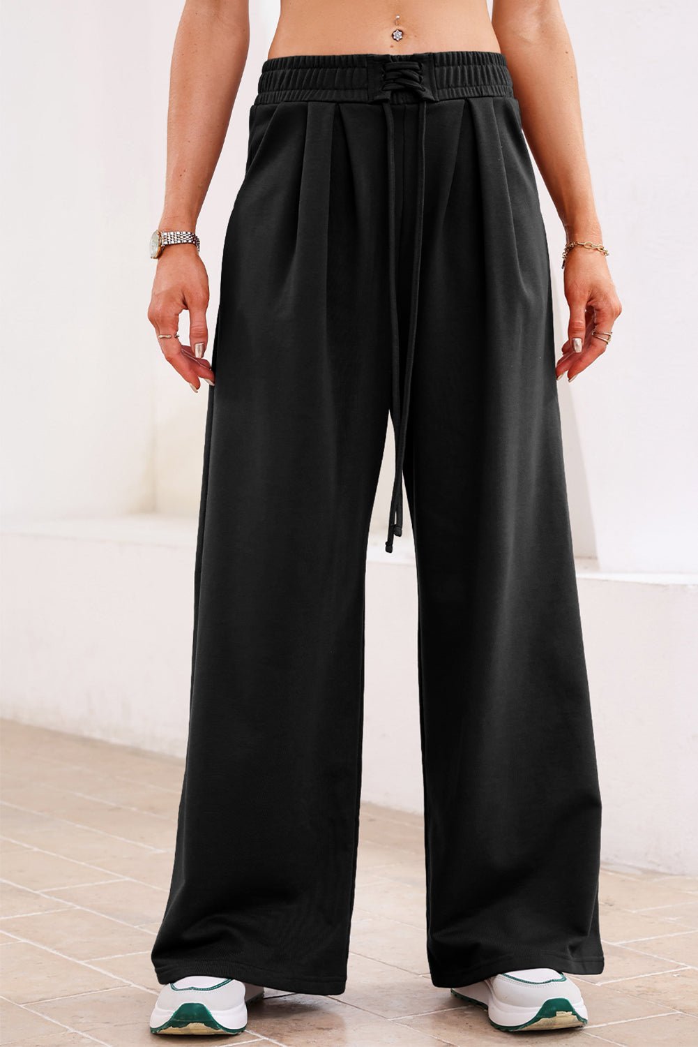 Dearlovers Black Tied Elastic High Waist Pleated Detail Solid Sweatpants - Crowned Energy CO.