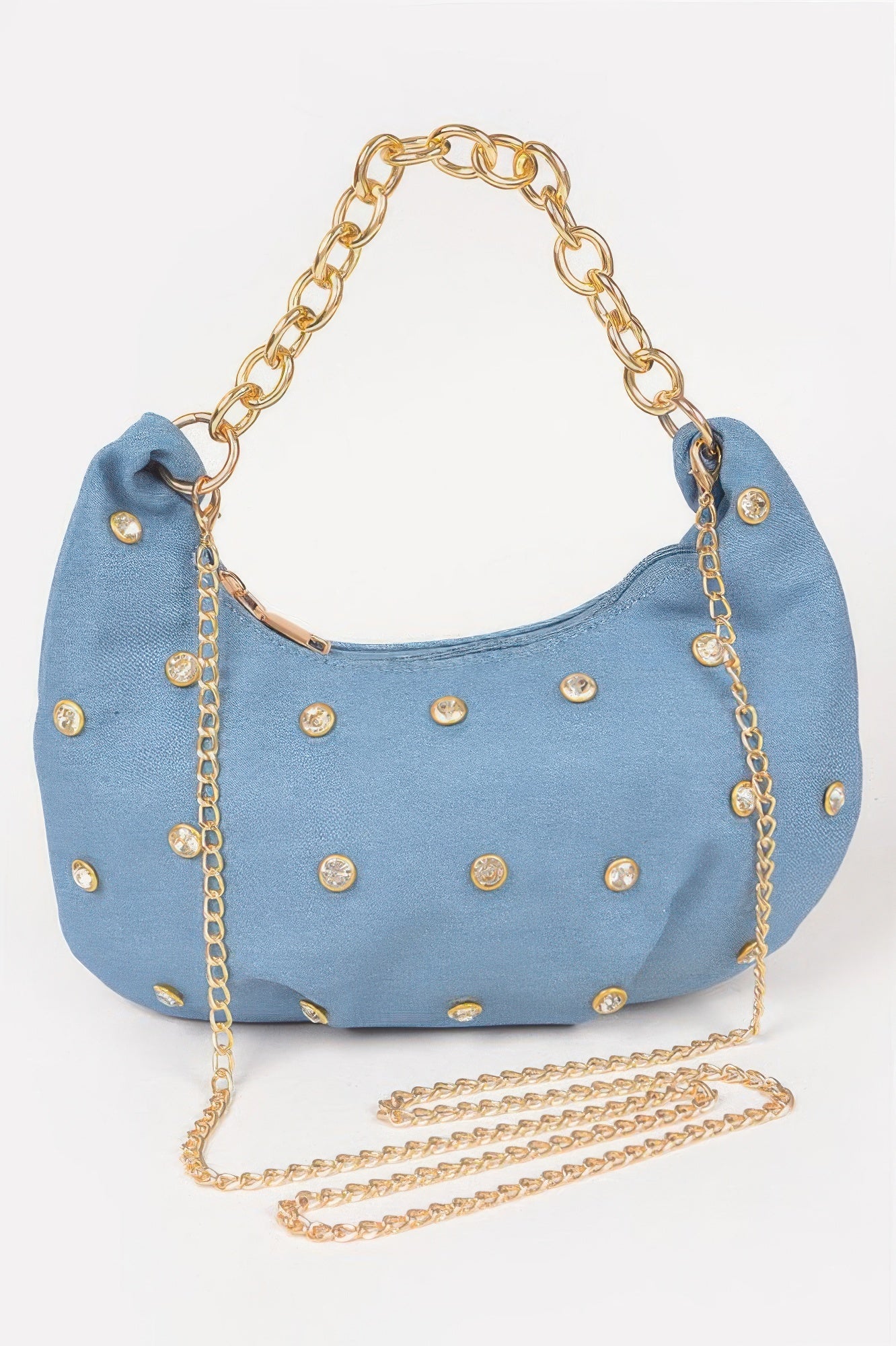 Denim Stone Stud Chain Handle Bag - Crowned Energy CO.