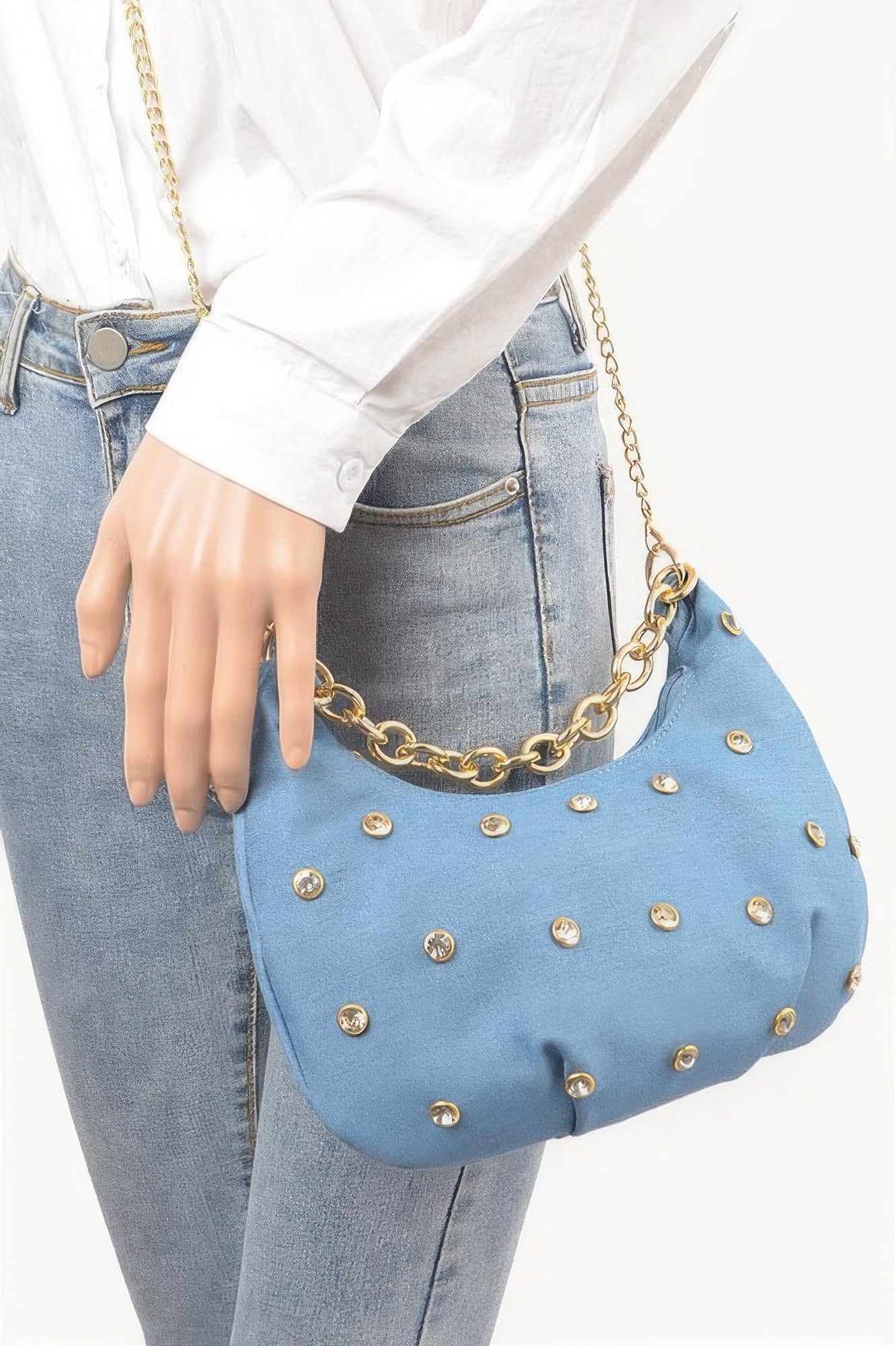Denim Stone Stud Chain Handle Bag - Crowned Energy CO.