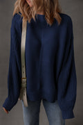 Dirty blue Solid Color Front Seam Drop Shoulder Loose Sweater - Crowned Energy CO.