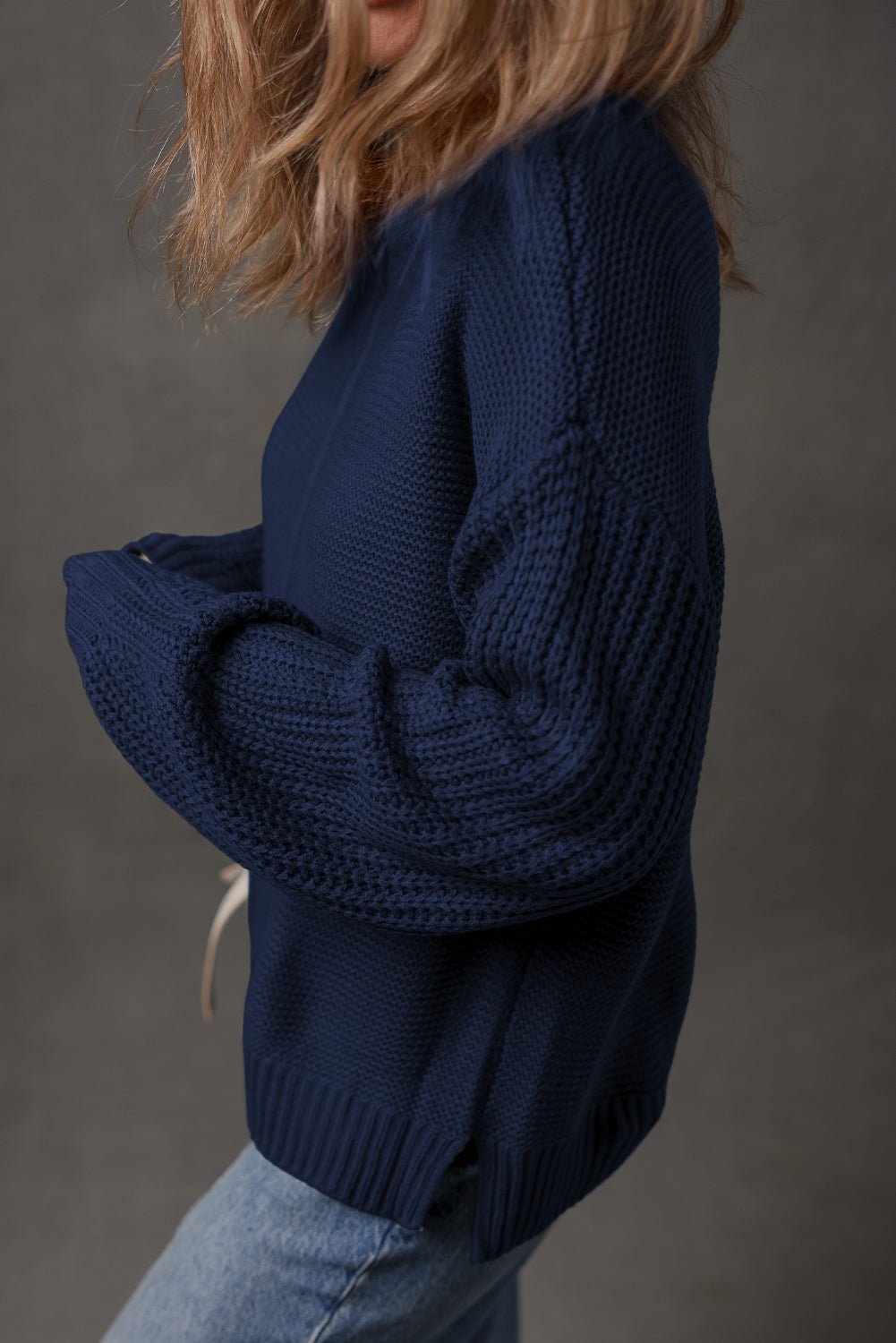 Dirty blue Solid Color Front Seam Drop Shoulder Loose Sweater - Crowned Energy CO.