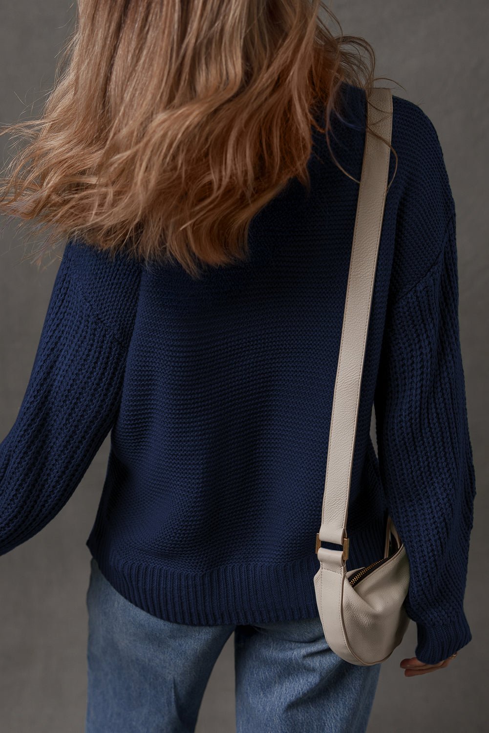 Dirty blue Solid Color Front Seam Drop Shoulder Loose Sweater - Crowned Energy CO.