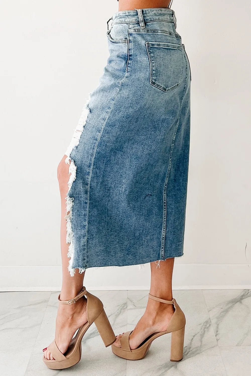 Distressed Asymmetrical Denim Skirt with Frayed Hem - Crowned Energy CO.
