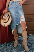 Distressed Asymmetrical Denim Skirt with Frayed Hem - Crowned Energy CO.