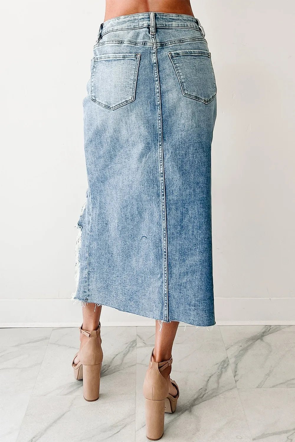 Distressed Asymmetrical Denim Skirt with Frayed Hem - Crowned Energy CO.