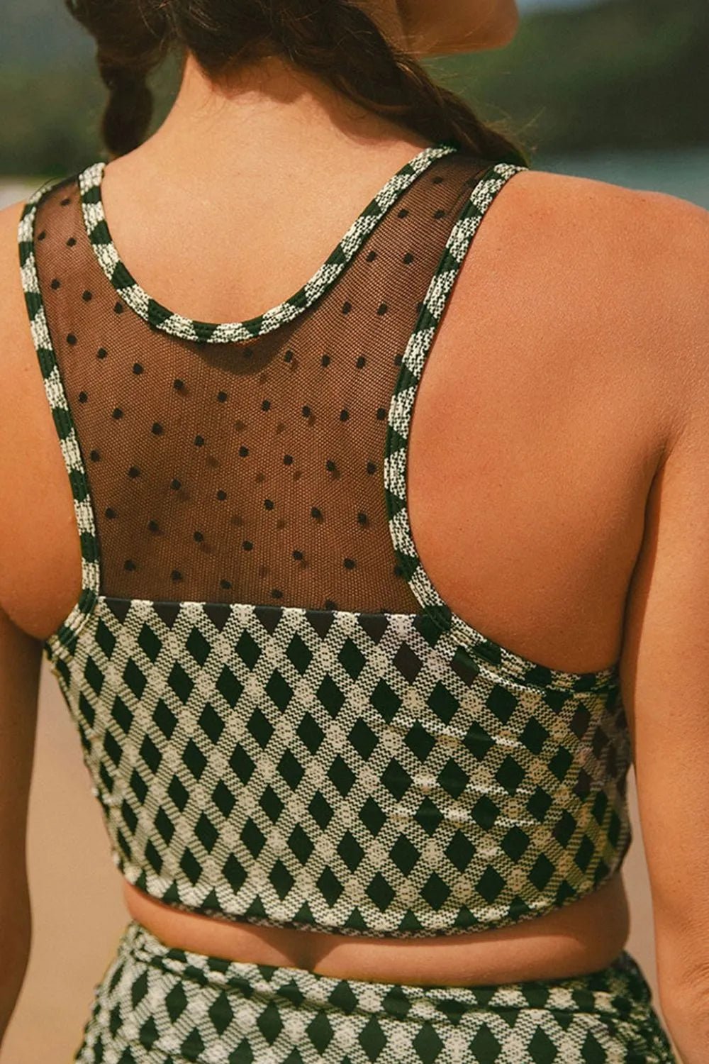 Dotted Mesh Plaid Patchwork High Waisted Swim Set - Crowned Energy CO.