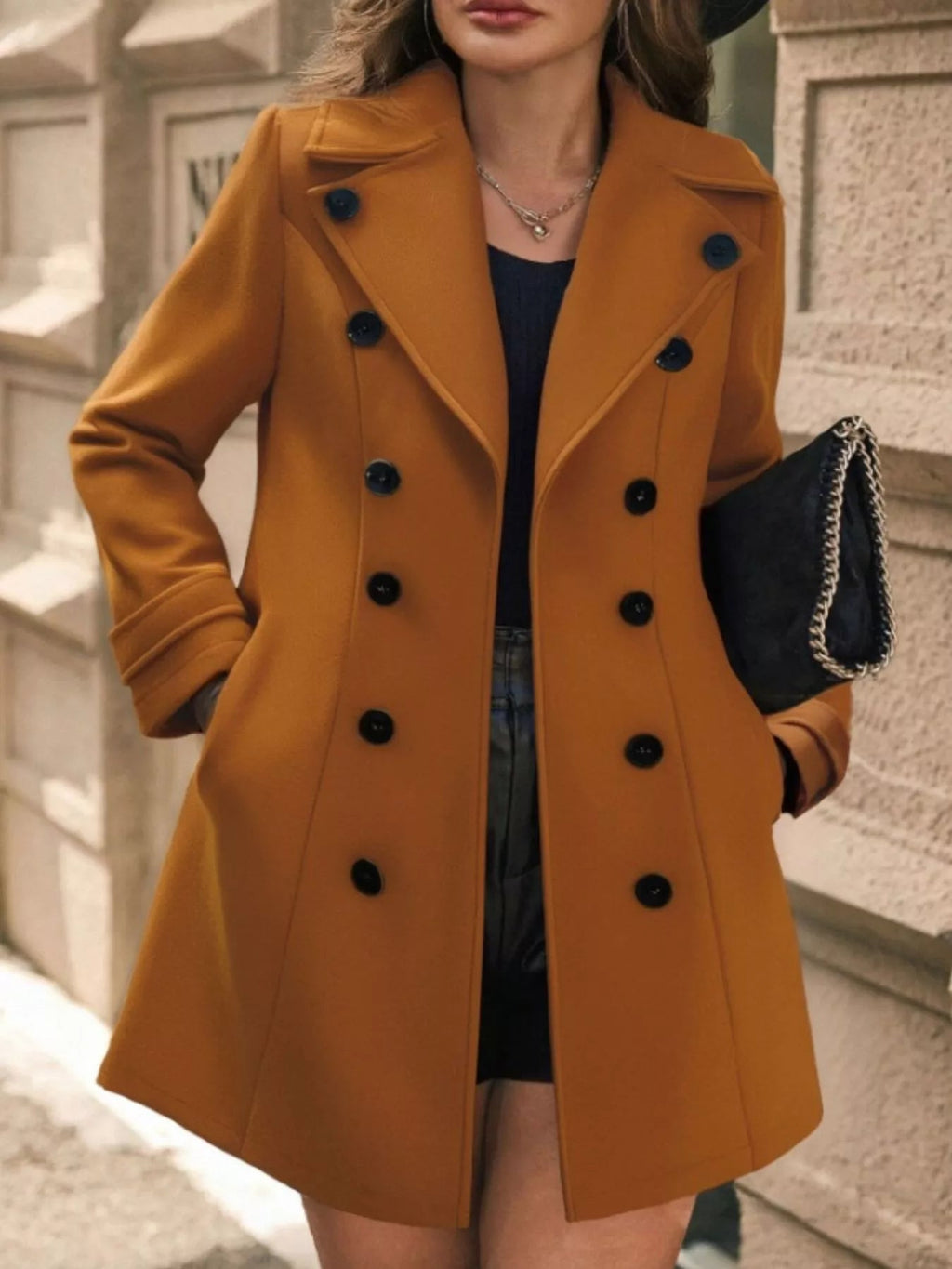 Double - Breasted Wool Blend Overcoat - Crowned Energy CO.