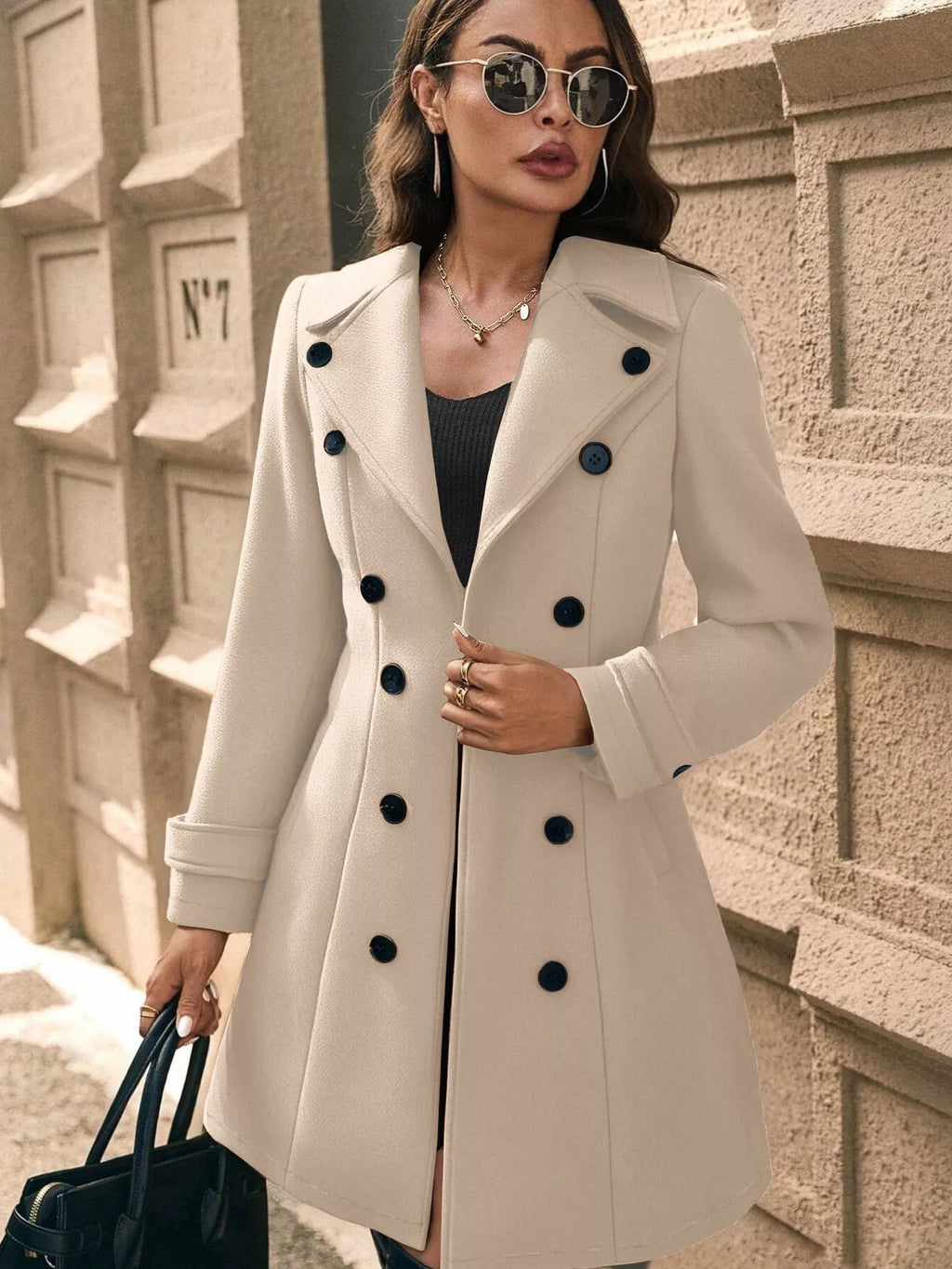 Double - Breasted Wool Blend Overcoat - Crowned Energy CO.