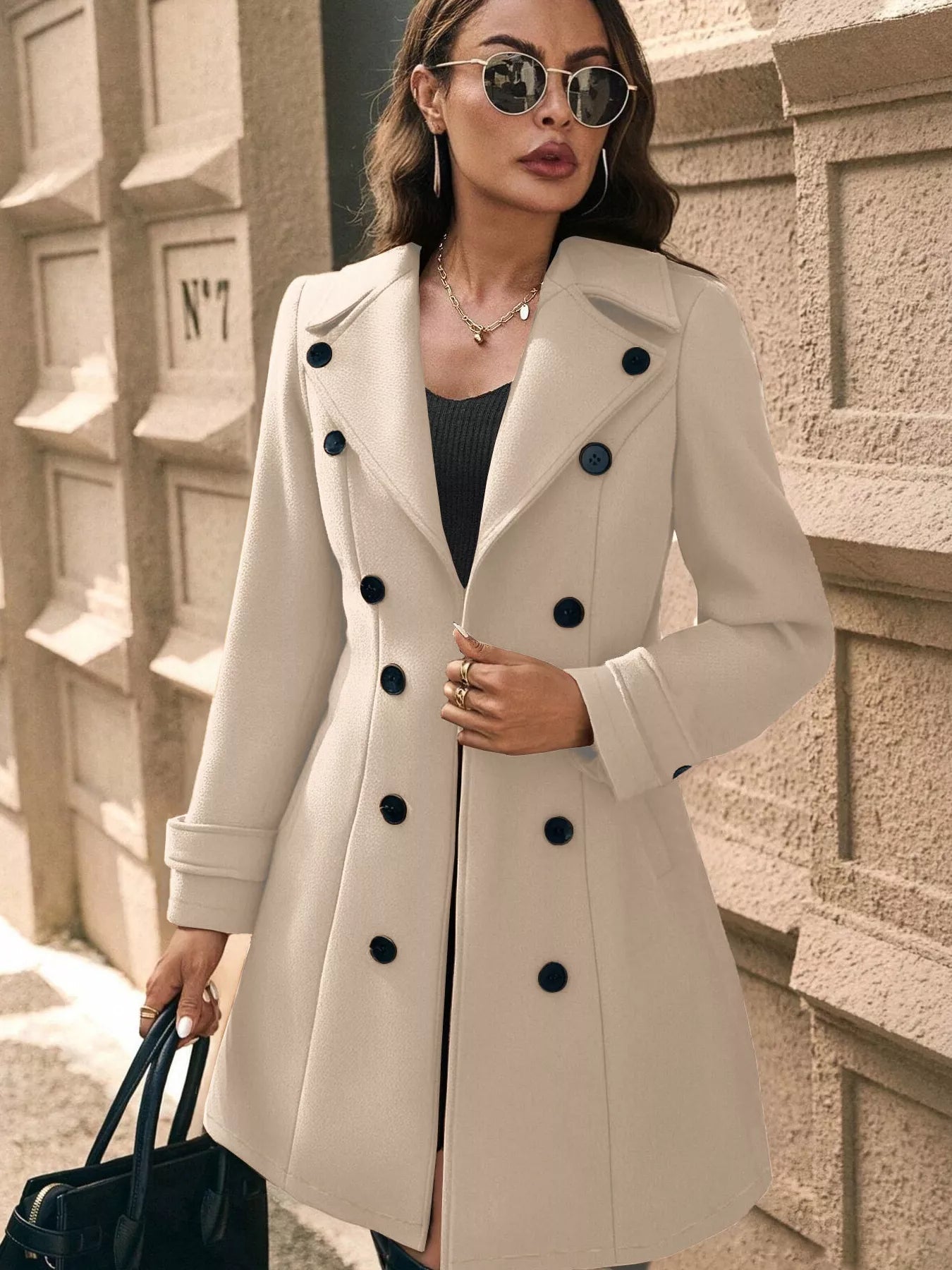Double - Breasted Wool Blend Overcoat - Crowned Energy CO.