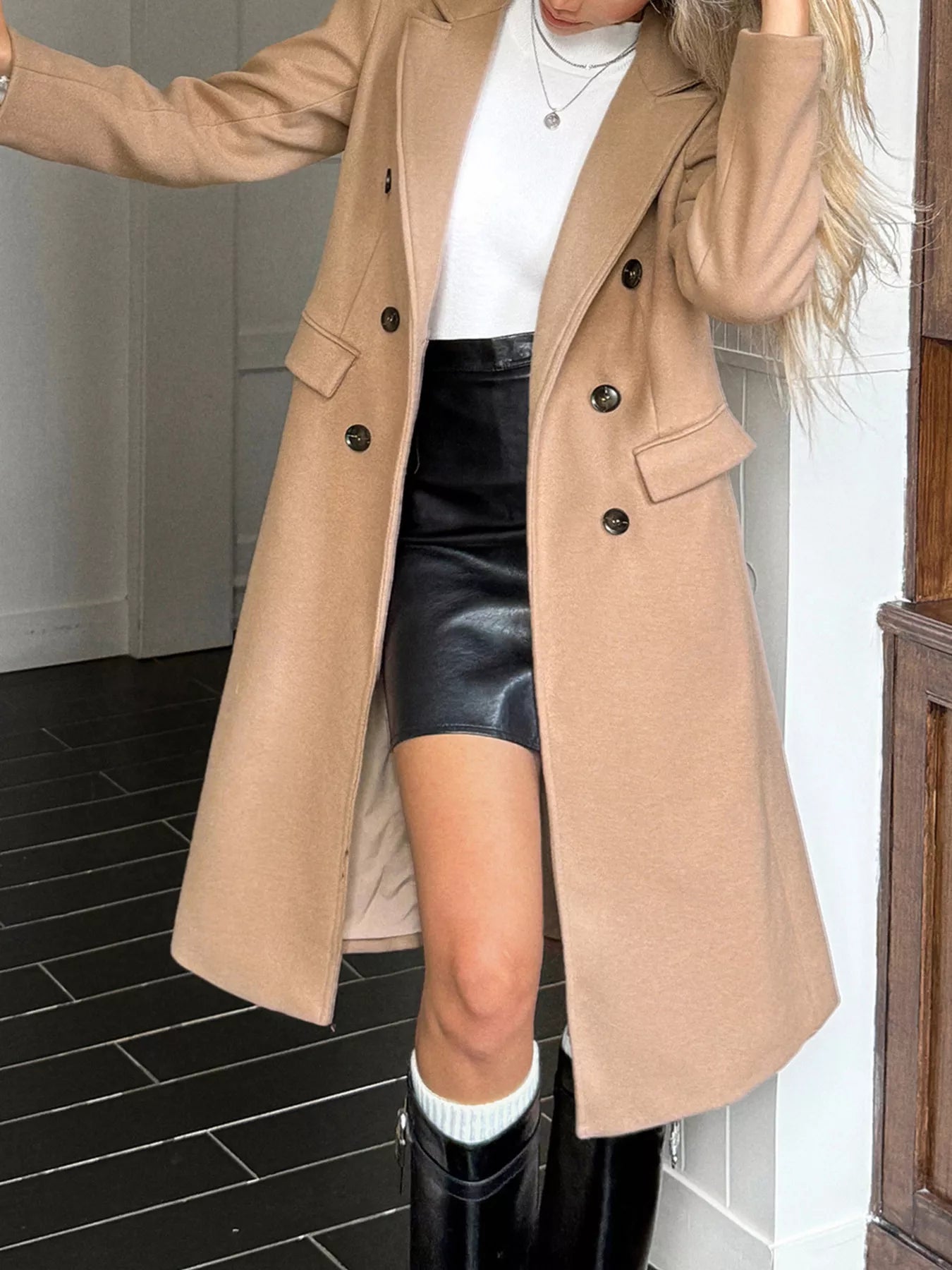 Double - Breasted Wool Blend Overcoat - Crowned Energy CO.