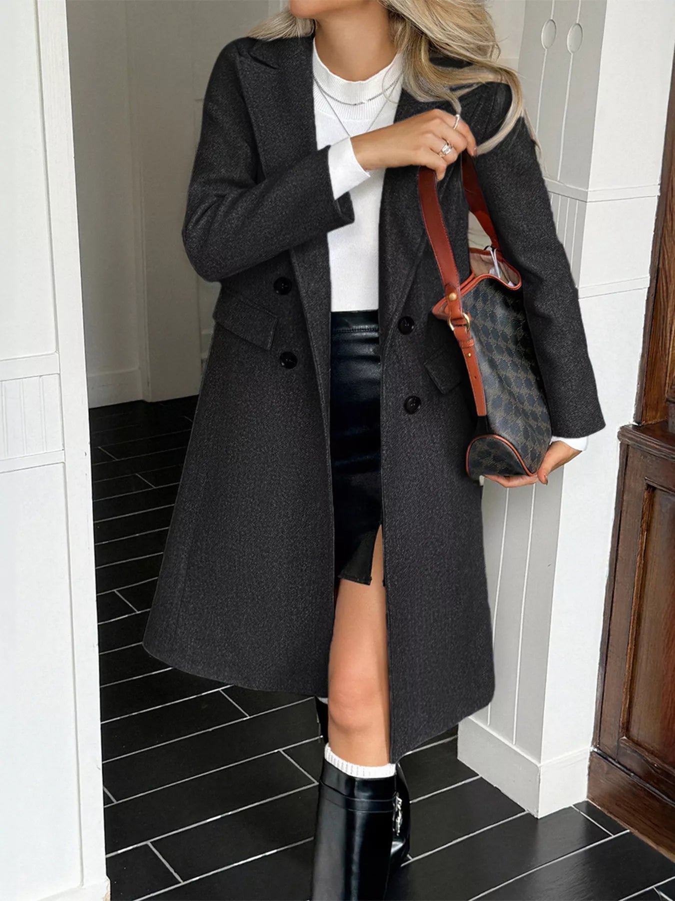 Double - Breasted Wool Blend Overcoat - Crowned Energy CO.