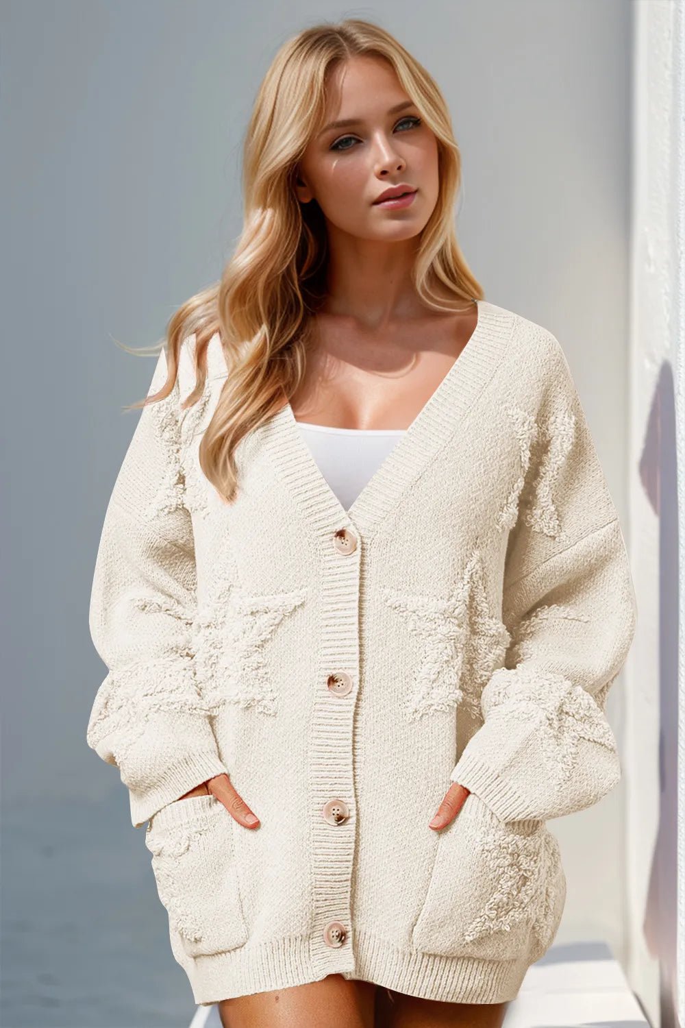 Double Take Full Size Button Up Star Pattern Cardigan - Crowned Energy CO.