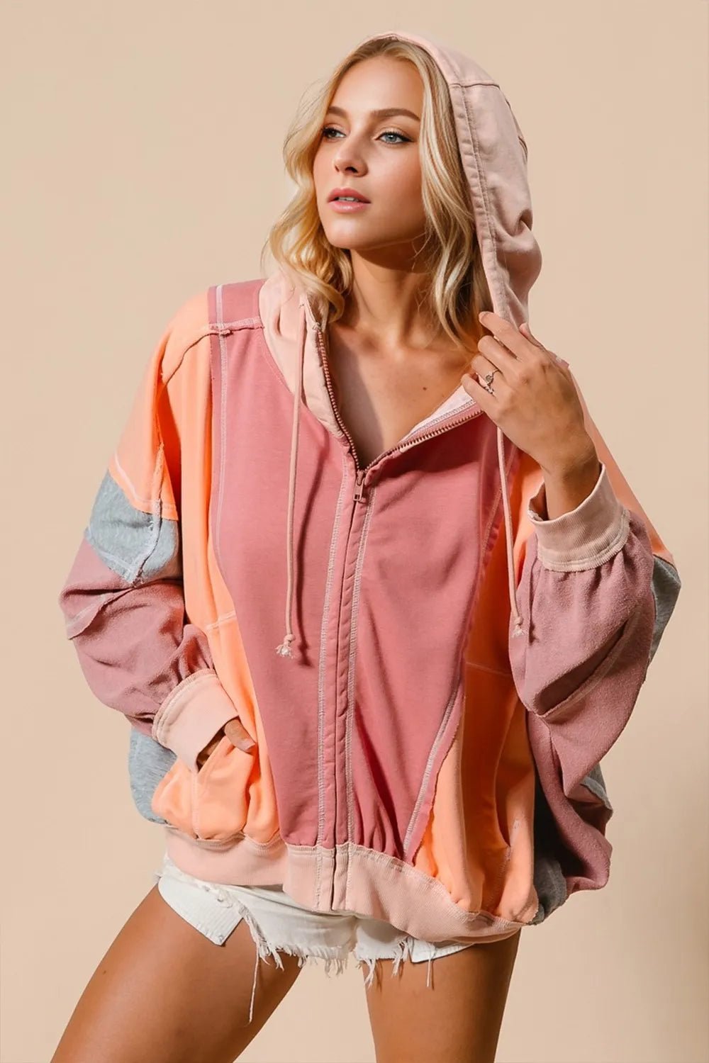 Crowned Energy CO. Burnt Coral / S Trendsi COAT & JACKETS Double Take Full Size Color Block Zip Up Hoodie