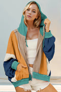 Crowned Energy CO. Khaki / S Trendsi COAT & JACKETS Double Take Full Size Color Block Zip Up Hoodie