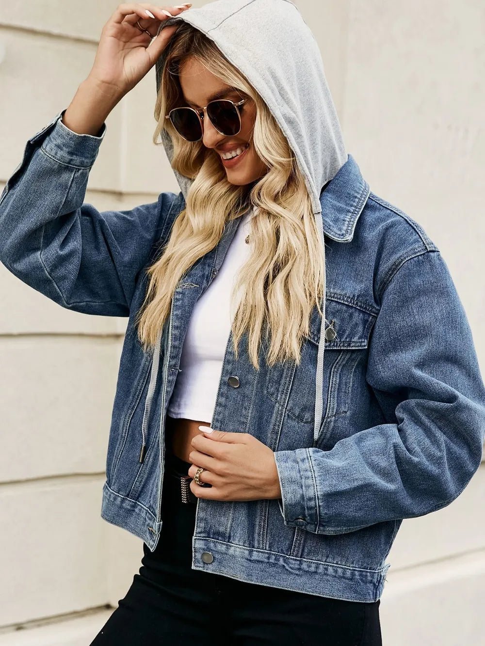 Drawstring Hooded Button Up Denim Jacket - Crowned Energy CO.