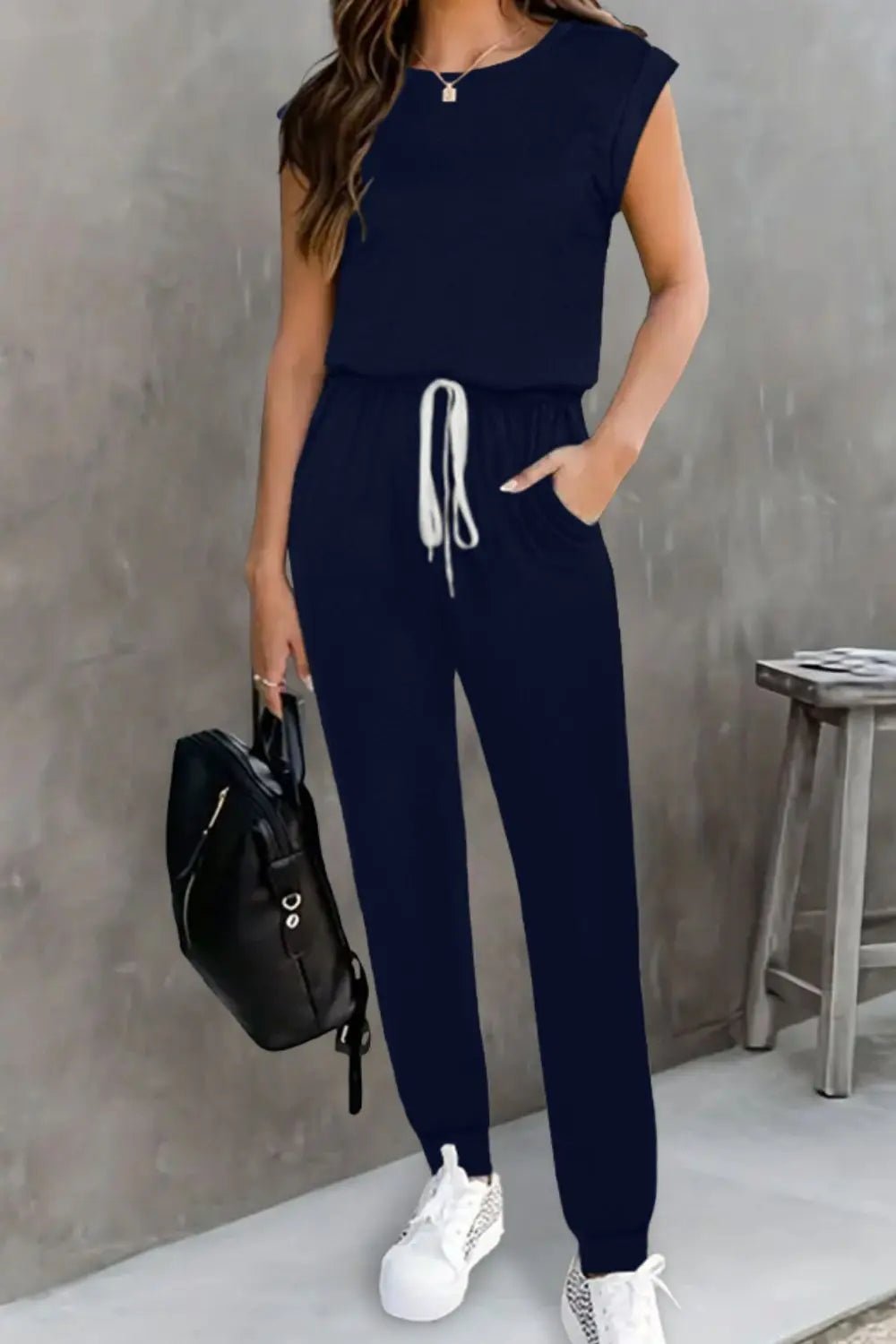 Drawstring Round Neck Sleeveless Jumpsuit - Crowned Energy CO.