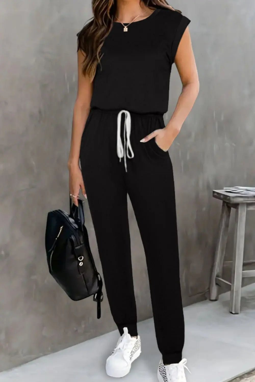 Drawstring Round Neck Sleeveless Jumpsuit - Crowned Energy CO.