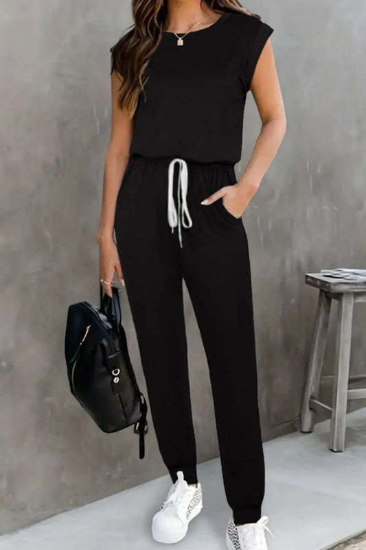 Drawstring Round Neck Sleeveless Jumpsuit - Crowned Energy CO.