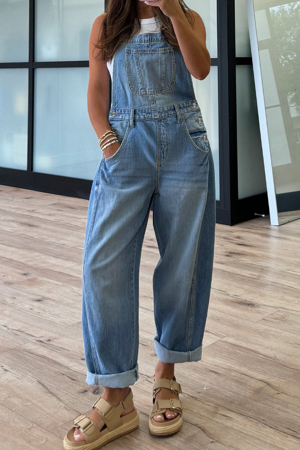 Dusk Blue Adjustable Buckle Barrel Denim Overalls - Crowned Energy CO.