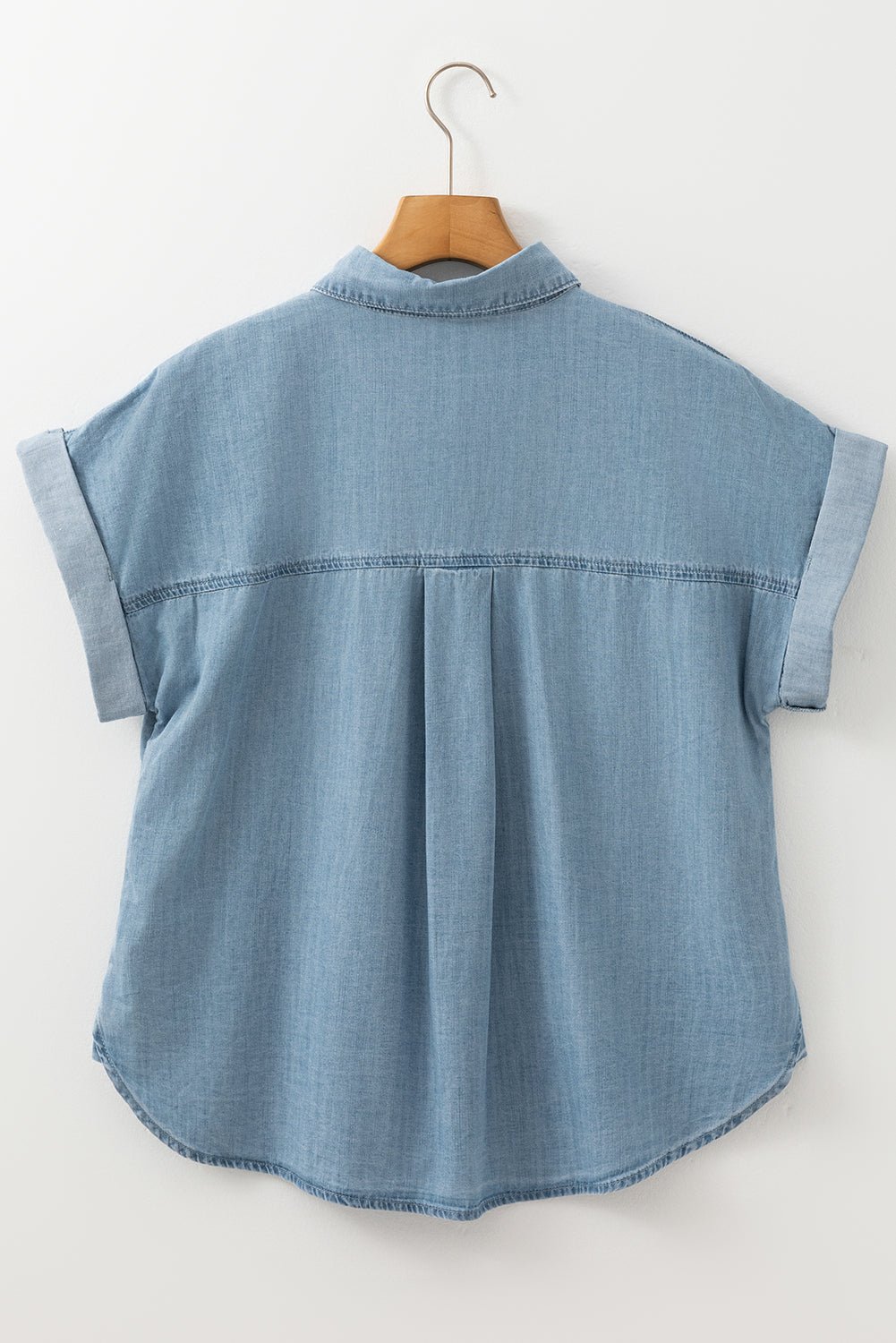 Dusk Blue Folded Short Sleeve Patched Pocket Denim Shirt - Crowned Energy CO.