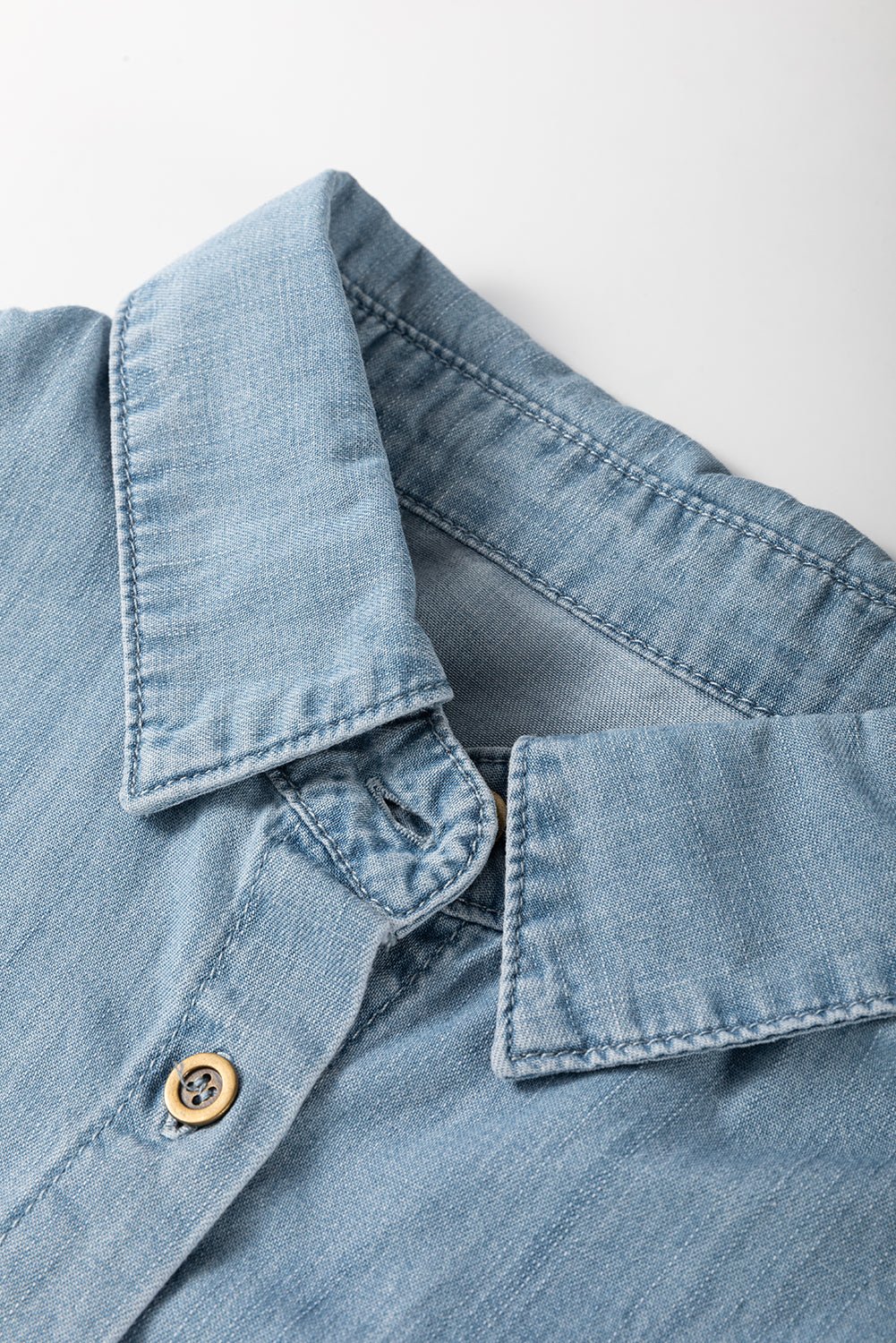 Dusk Blue Folded Short Sleeve Patched Pocket Denim Shirt - Crowned Energy CO.