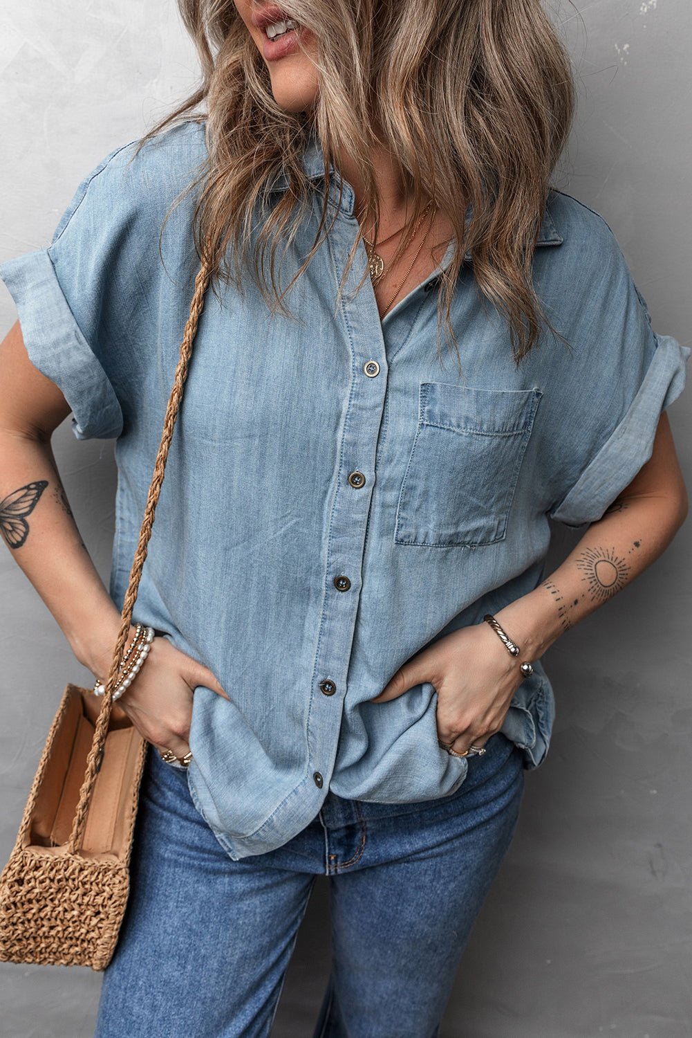 Dusk Blue Folded Short Sleeve Patched Pocket Denim Shirt - Crowned Energy CO.