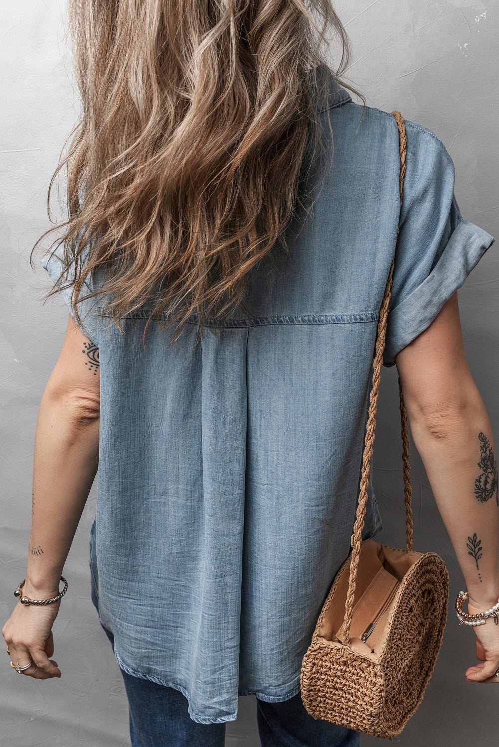 Dusk Blue Folded Short Sleeve Patched Pocket Denim Shirt - Crowned Energy CO.