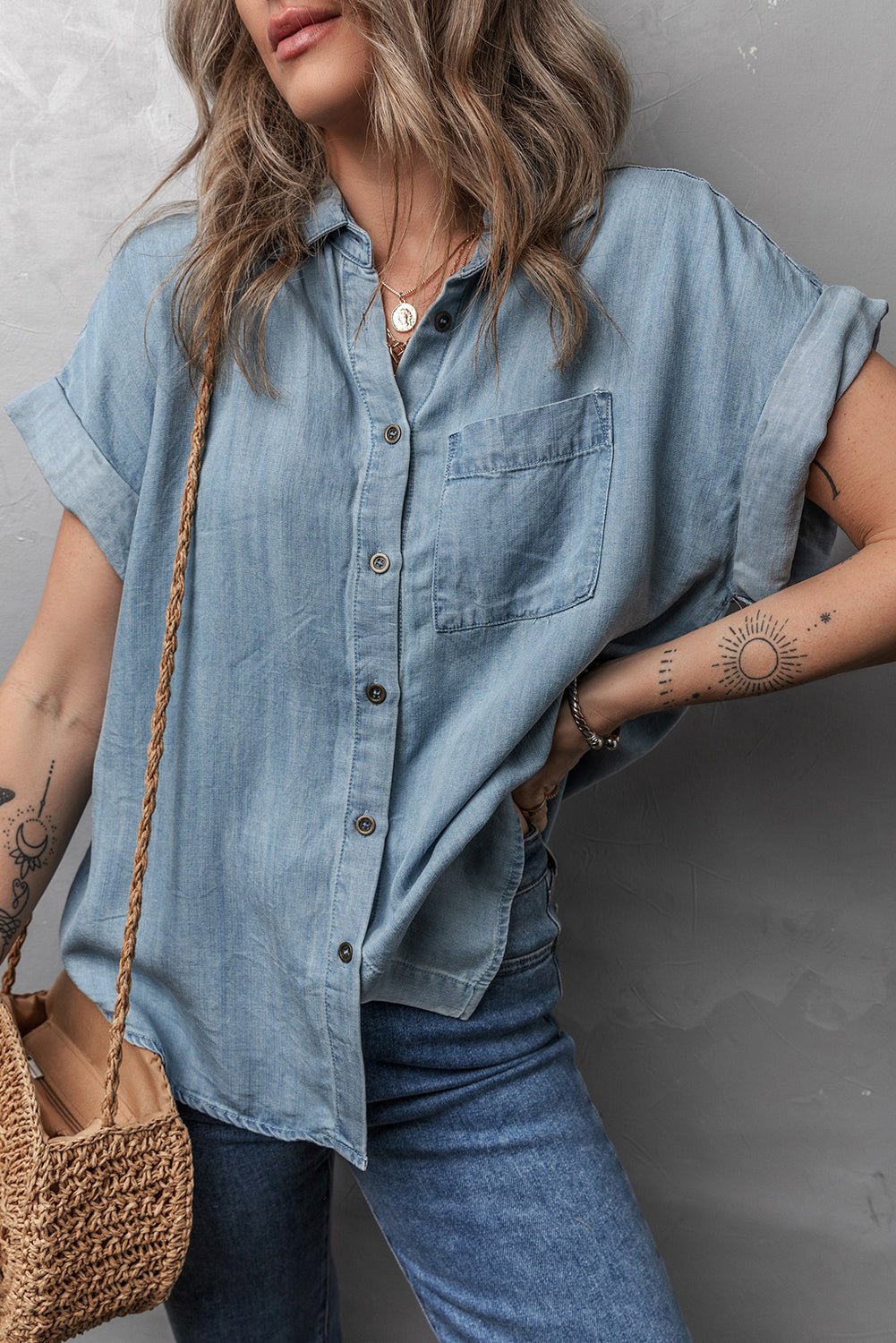 Dusk Blue Folded Short Sleeve Patched Pocket Denim Shirt - Crowned Energy CO.