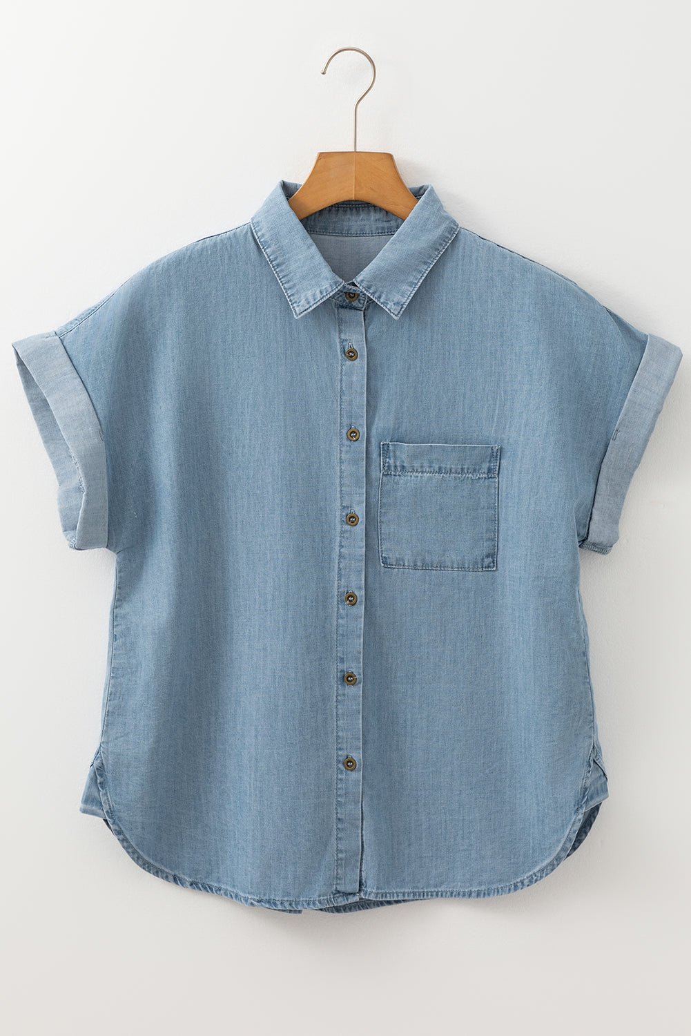 Dusk Blue Folded Short Sleeve Patched Pocket Denim Shirt - Crowned Energy CO.