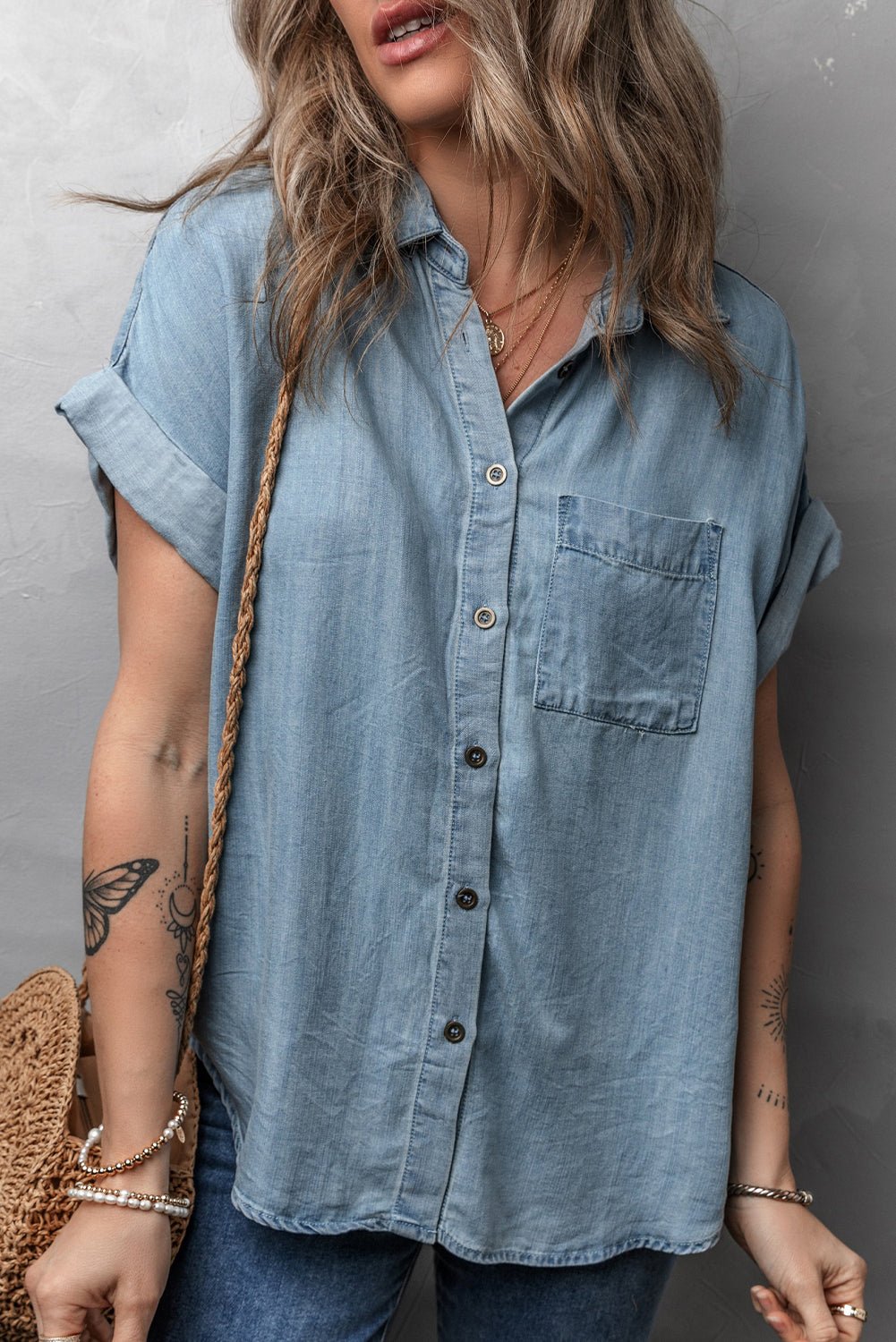 Dusk Blue Folded Short Sleeve Patched Pocket Denim Shirt - Crowned Energy CO.