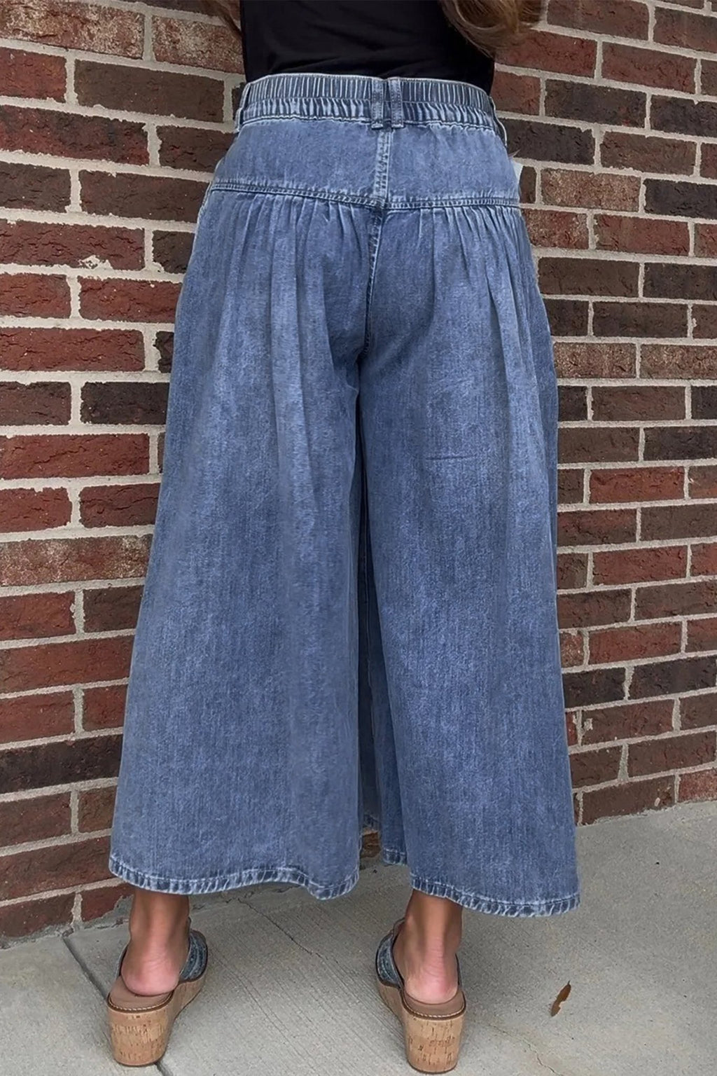 Dusk Blue High Rise Buttons Pleated Cropped Wide Leg Denim Pants - Crowned Energy CO.