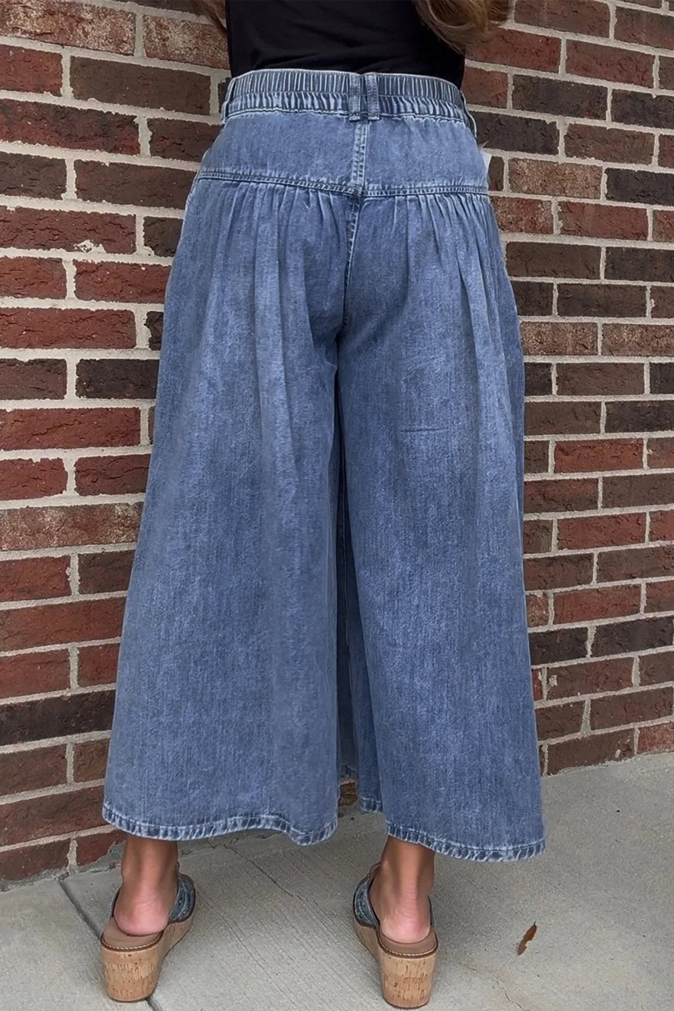 Dusk Blue High Rise Buttons Pleated Cropped Wide Leg Denim Pants - Crowned Energy CO.
