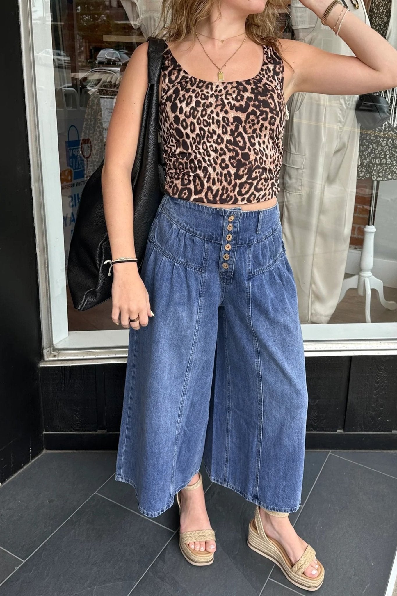 Dusk Blue High Rise Buttons Pleated Cropped Wide Leg Denim Pants - Crowned Energy CO.