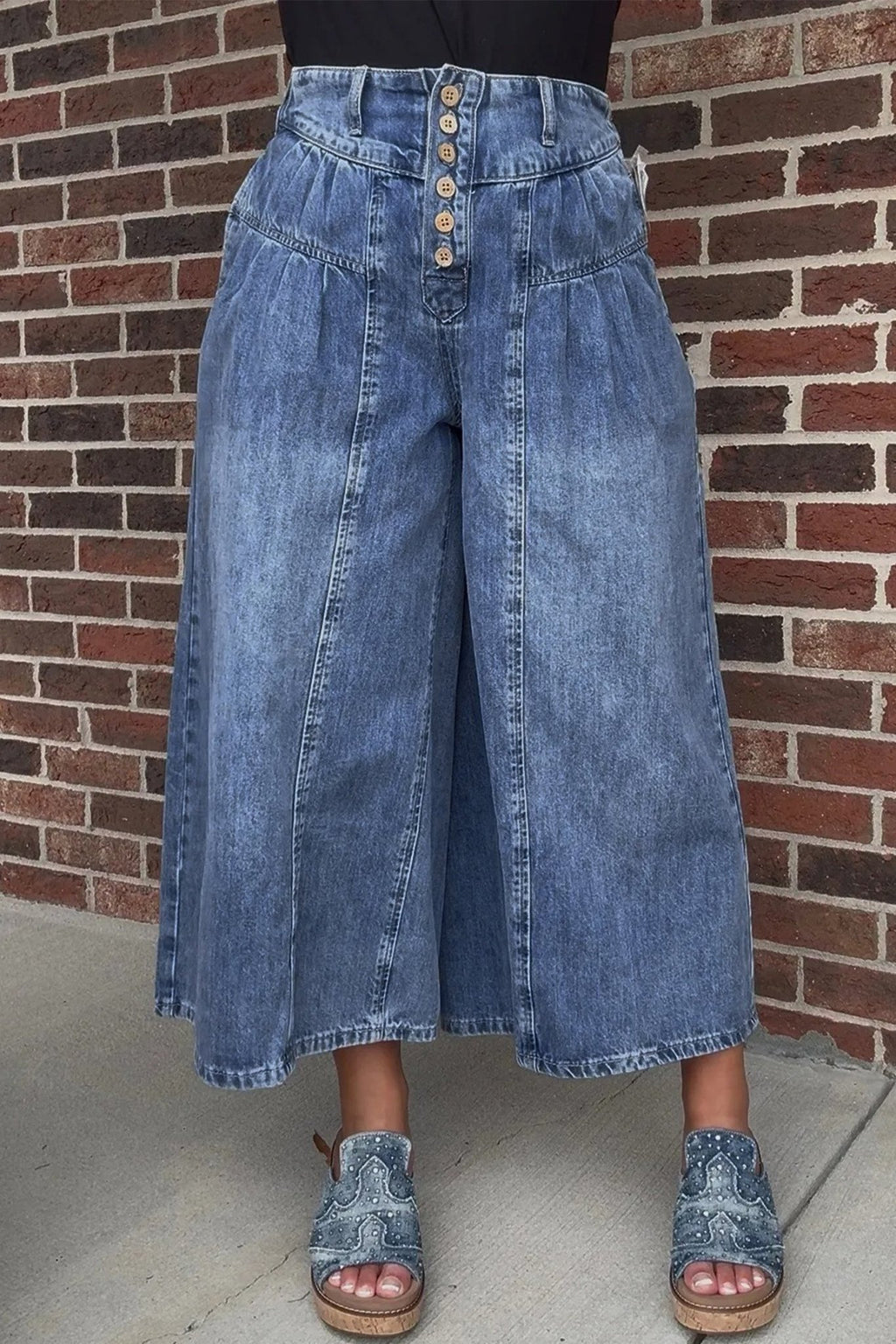 Dusk Blue High Rise Buttons Pleated Cropped Wide Leg Denim Pants - Crowned Energy CO.