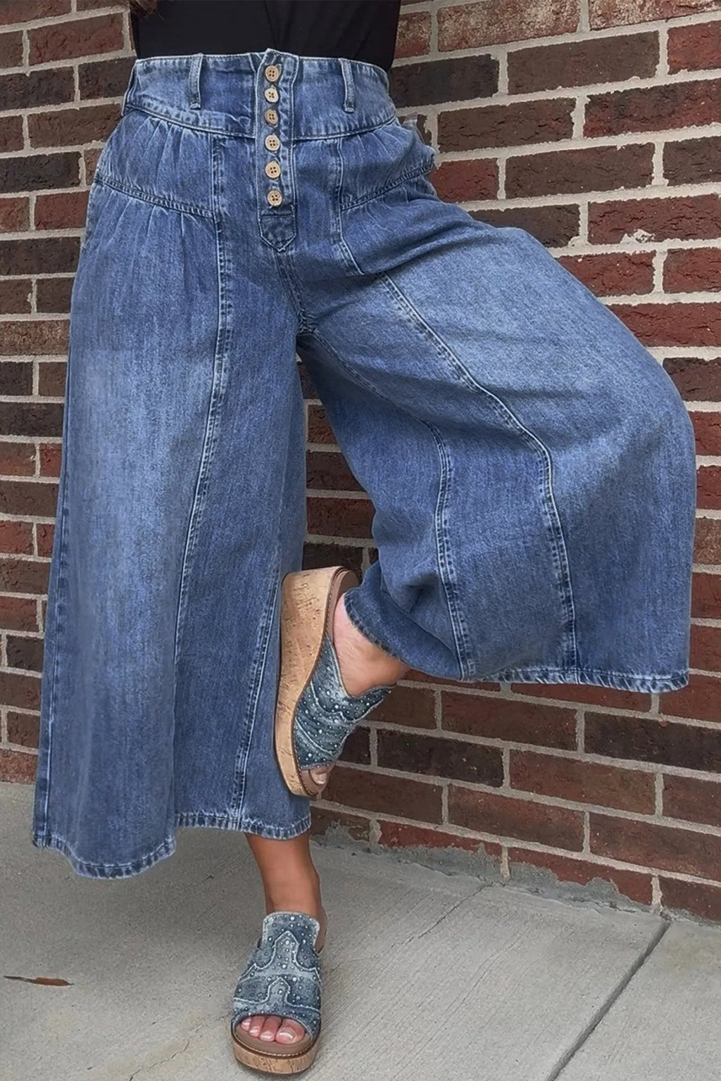 Dusk Blue High Rise Buttons Pleated Cropped Wide Leg Denim Pants - Crowned Energy CO.