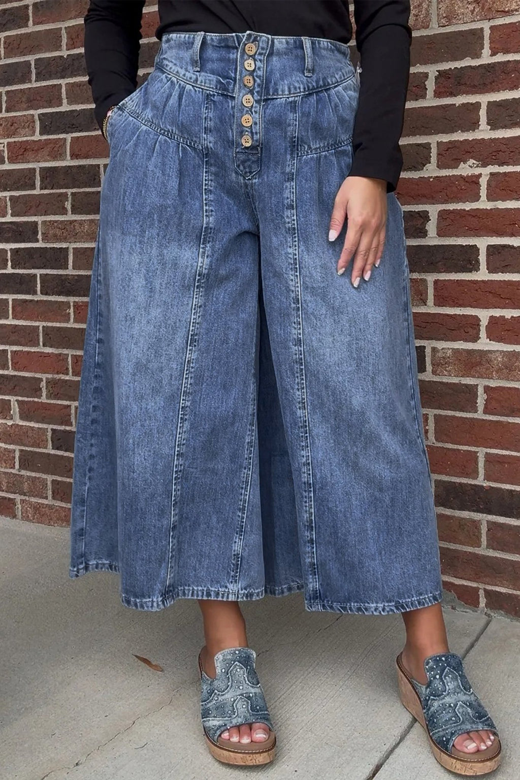 Dusk Blue High Rise Buttons Pleated Cropped Wide Leg Denim Pants - Crowned Energy CO.
