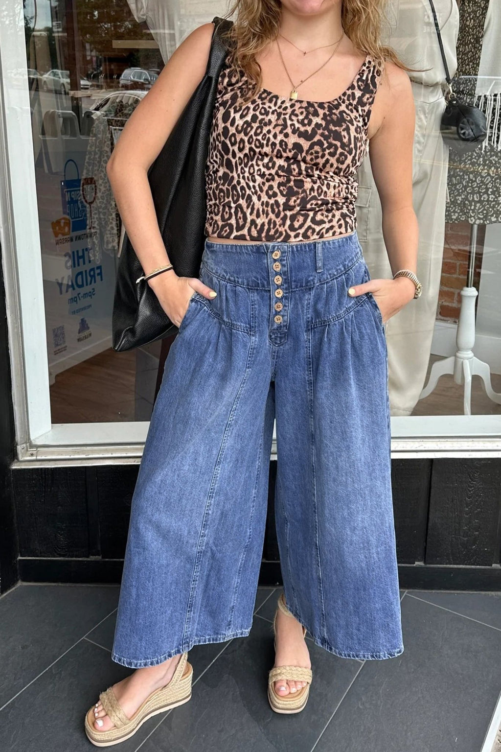 Dusk Blue High Rise Buttons Pleated Cropped Wide Leg Denim Pants - Crowned Energy CO.