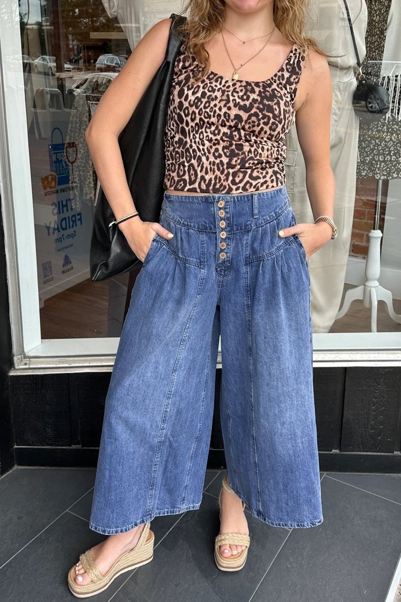 Dusk Blue High Rise Buttons Pleated Cropped Wide Leg Denim Pants - Crowned Energy CO.