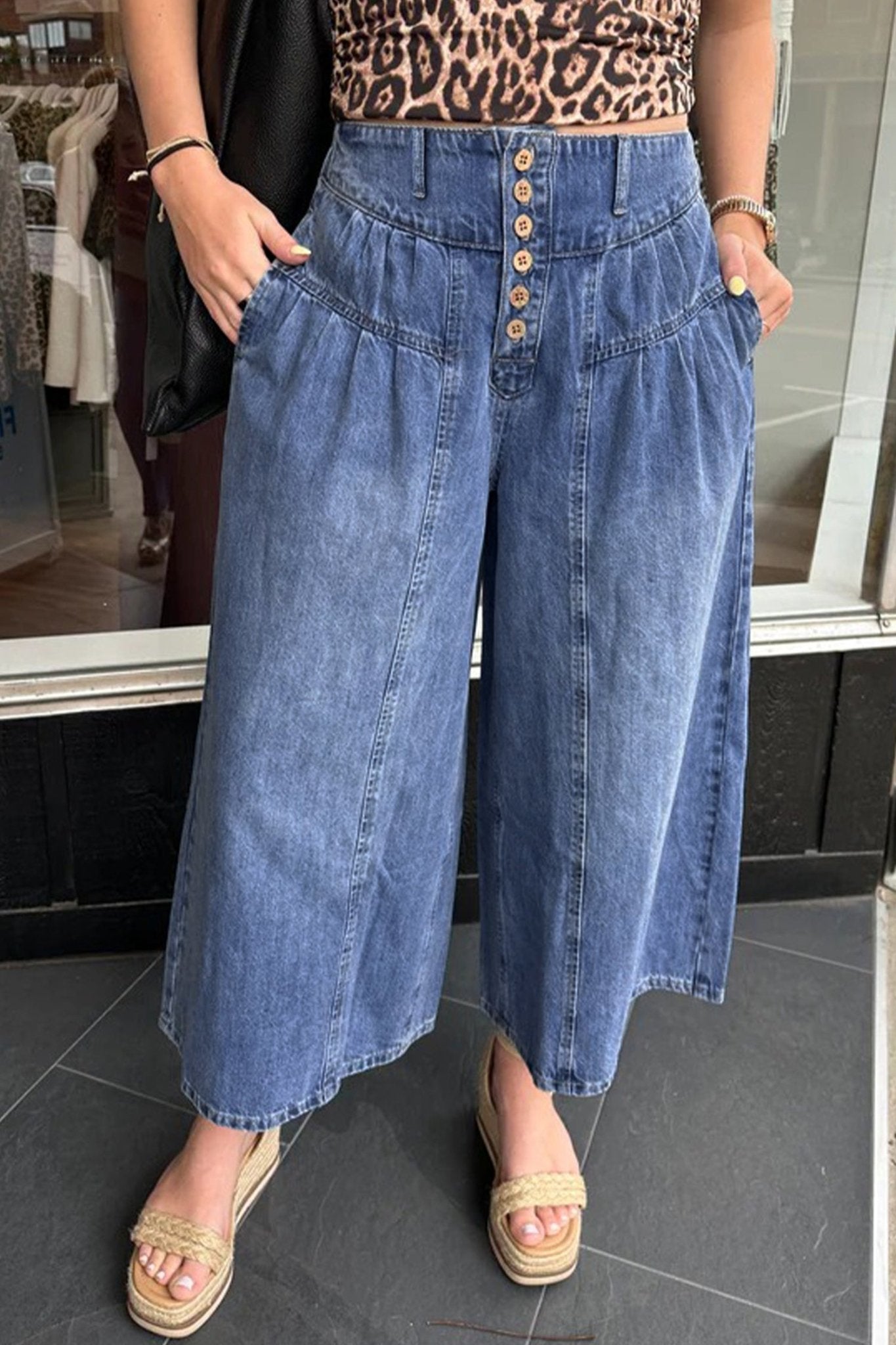 Dusk Blue High Rise Buttons Pleated Cropped Wide Leg Denim Pants - Crowned Energy CO.