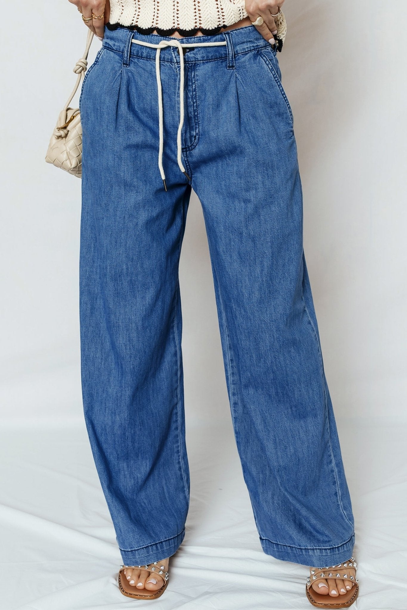 Dusk Blue Lace - up Pull on Wide Leg Jeans - Crowned Energy CO.
