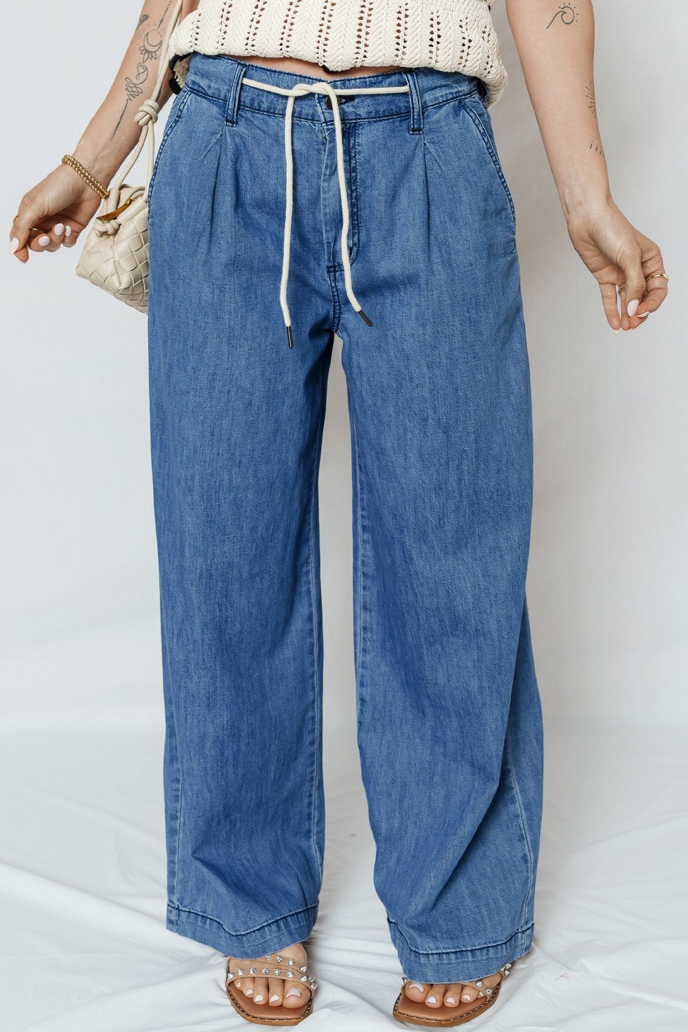 Dusk Blue Lace - up Pull on Wide Leg Jeans - Crowned Energy CO.