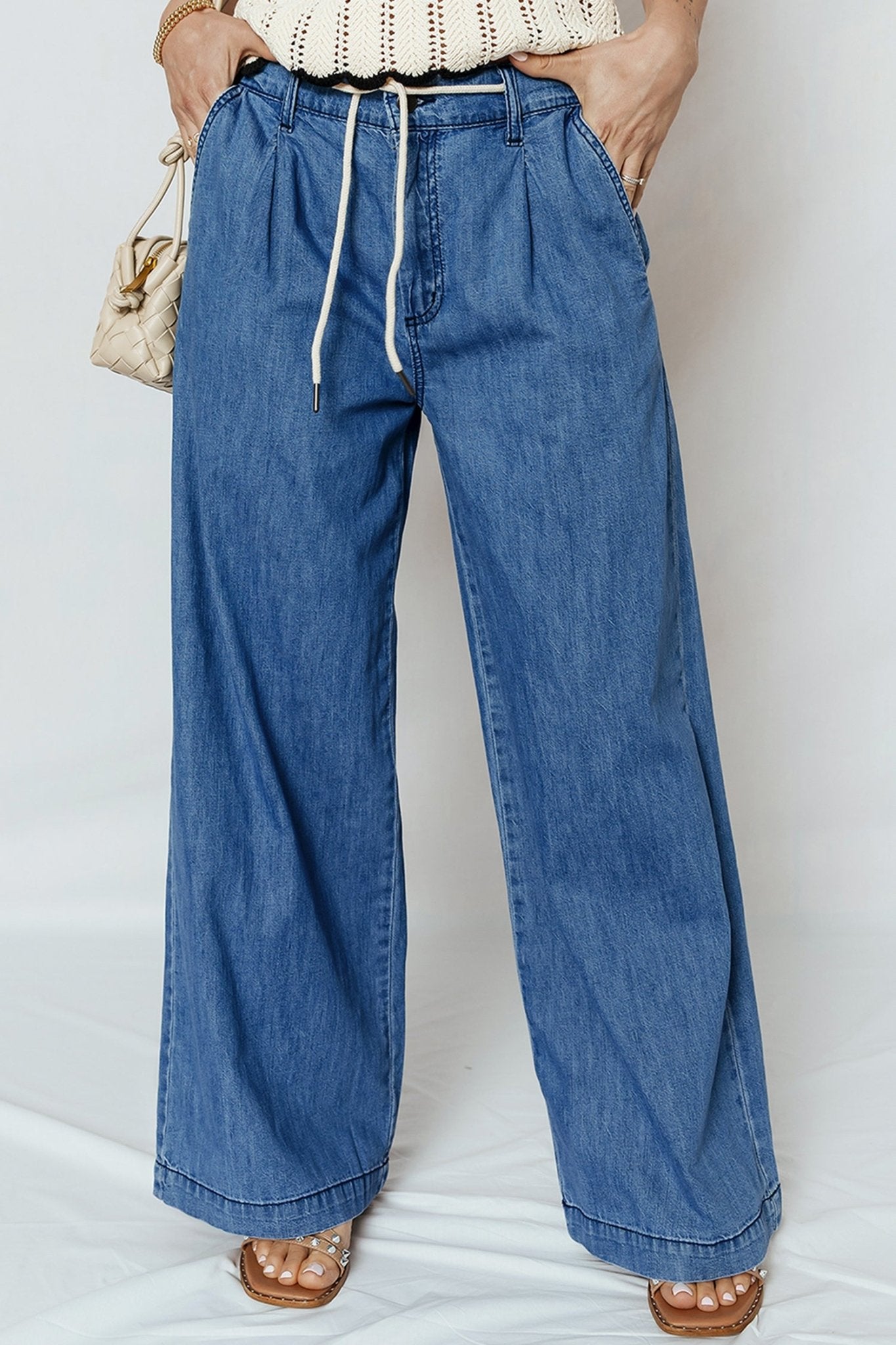 Dusk Blue Lace - up Pull on Wide Leg Jeans - Crowned Energy CO.
