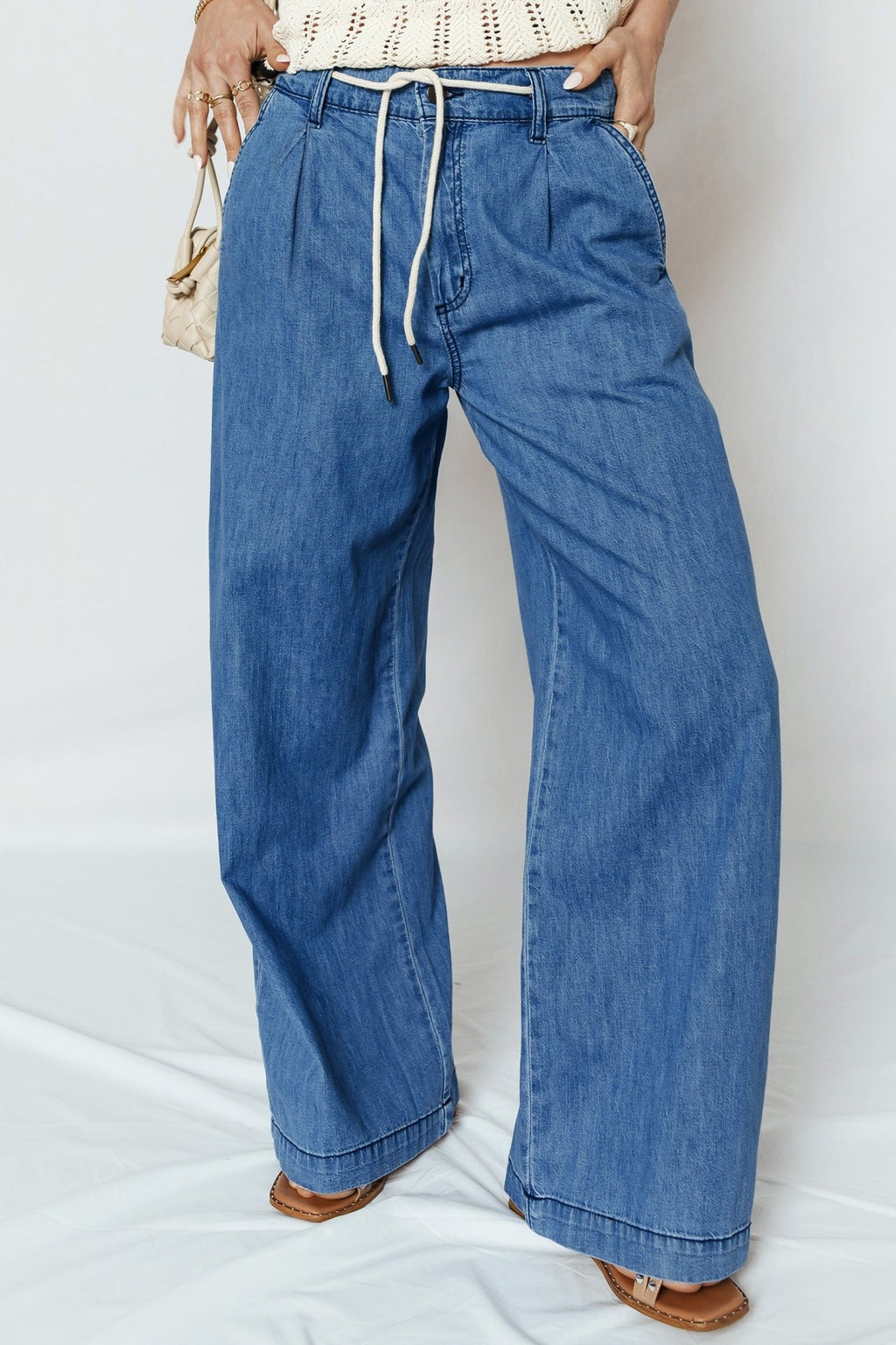 Dusk Blue Lace - up Pull on Wide Leg Jeans - Crowned Energy CO.
