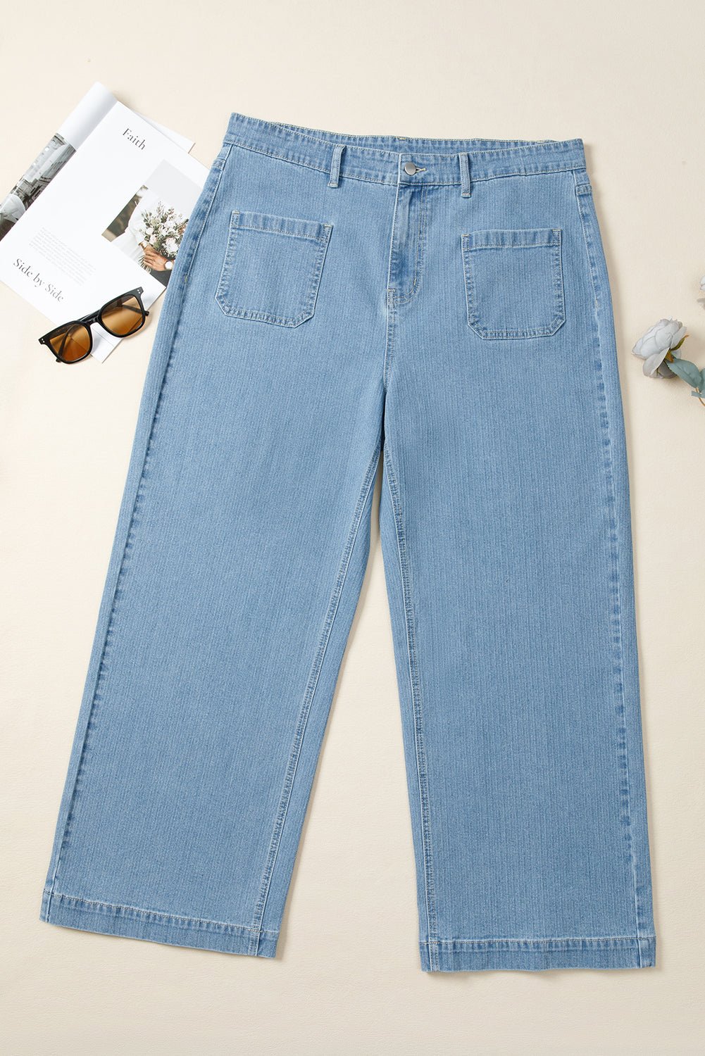 Crowned Energy CO. Dusk Blue / 1X / 65%Cotton+33%Polyester+2%Elastane Dear-Lover Dropshipping Plus Size/Plus Size Bottoms Dusk Blue Patched Pocket Textured Wide Leg Plus Size Jeans