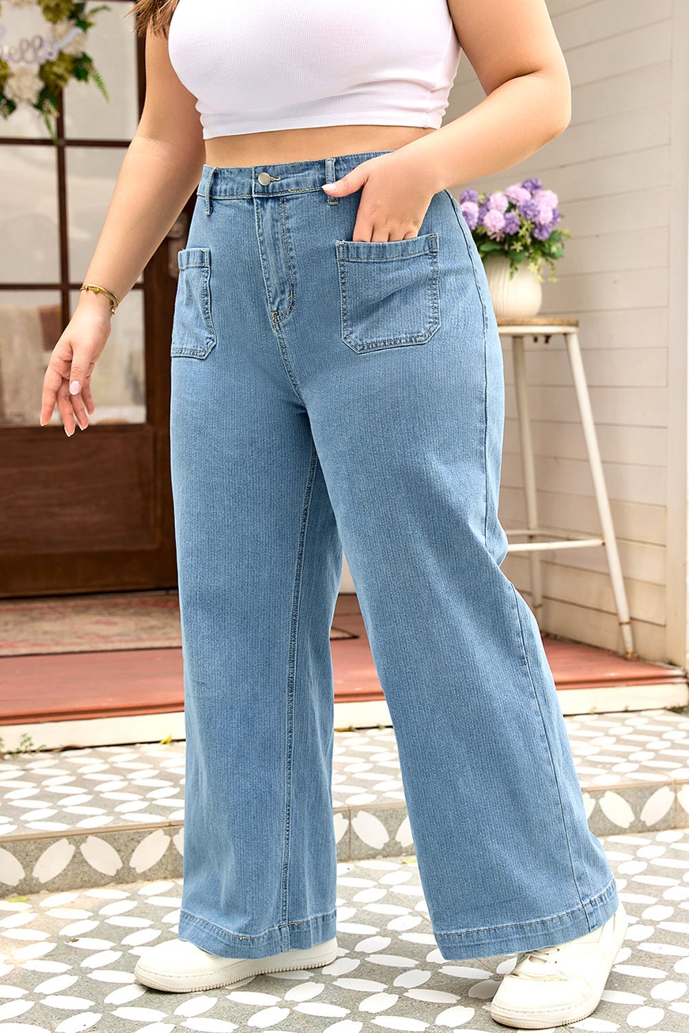 Crowned Energy CO. Dusk Blue / 1X / 65%Cotton+33%Polyester+2%Elastane Dear-Lover Dropshipping Plus Size/Plus Size Bottoms Dusk Blue Patched Pocket Textured Wide Leg Plus Size Jeans